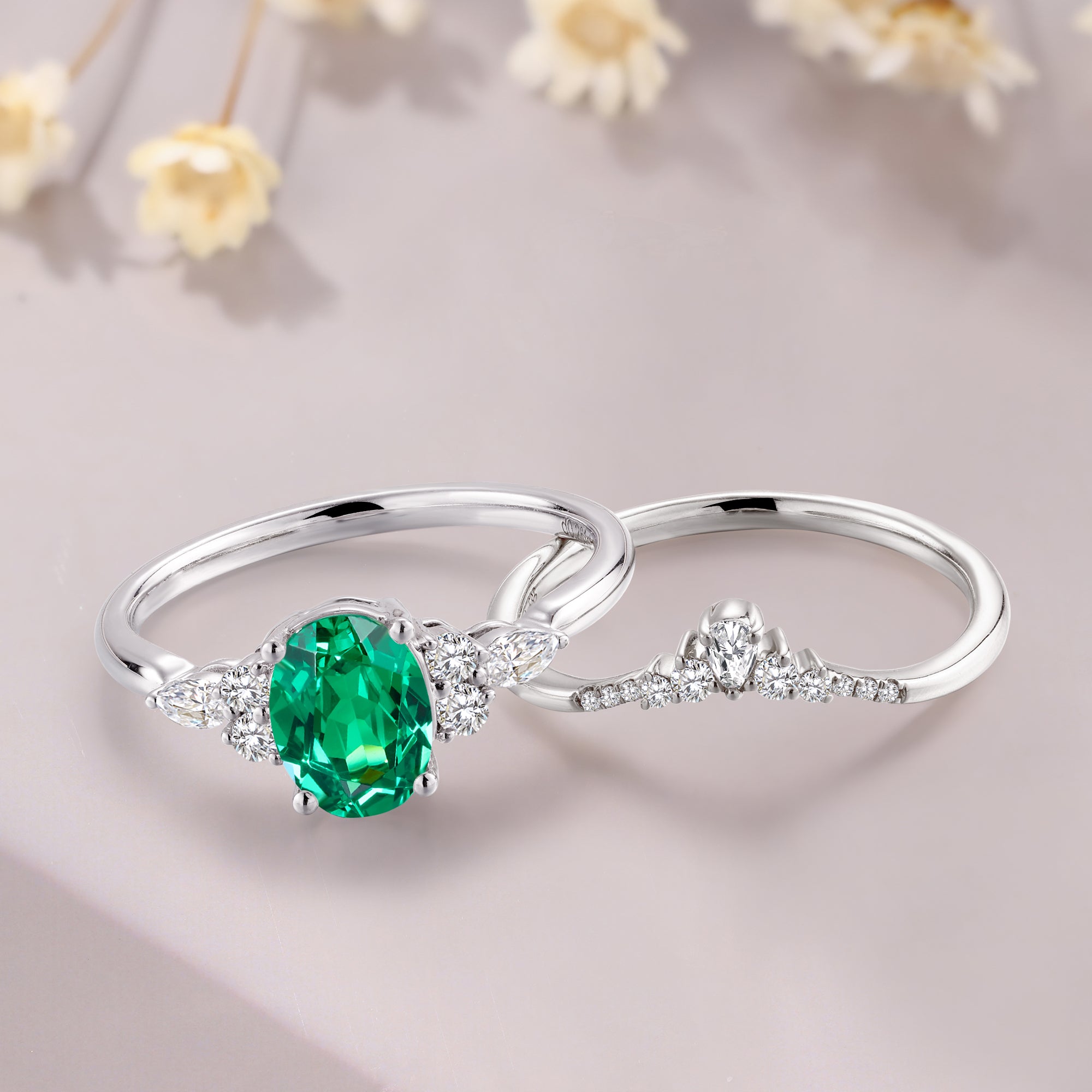 oval Tsavorite garnet engagement ring set 14K white gold marquise wedding ring set green gemstone ring anniversary gift