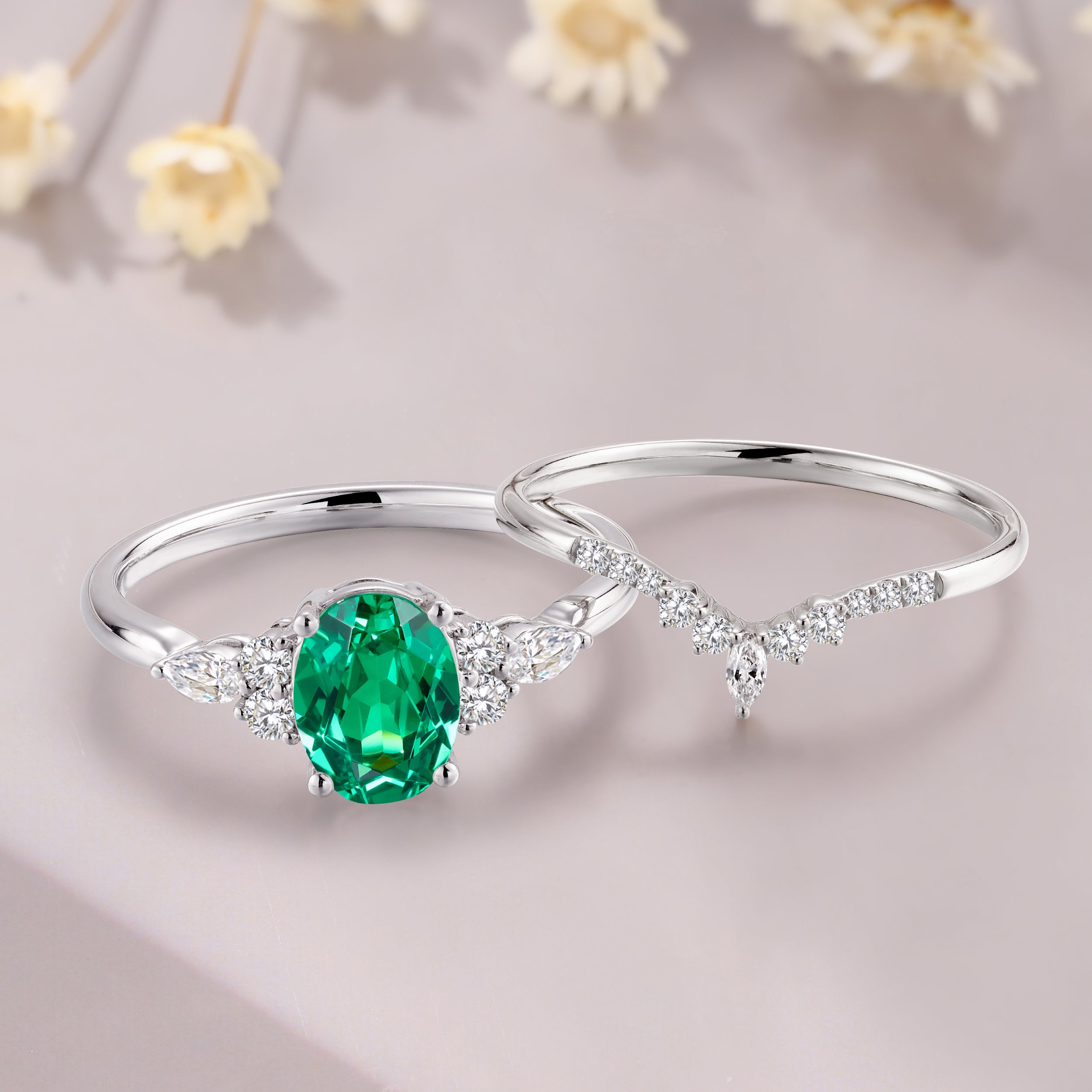 Tsavorite garnet engagement ring set 14K white gold green garnet wedding set marquise moissanite ring gift for women
