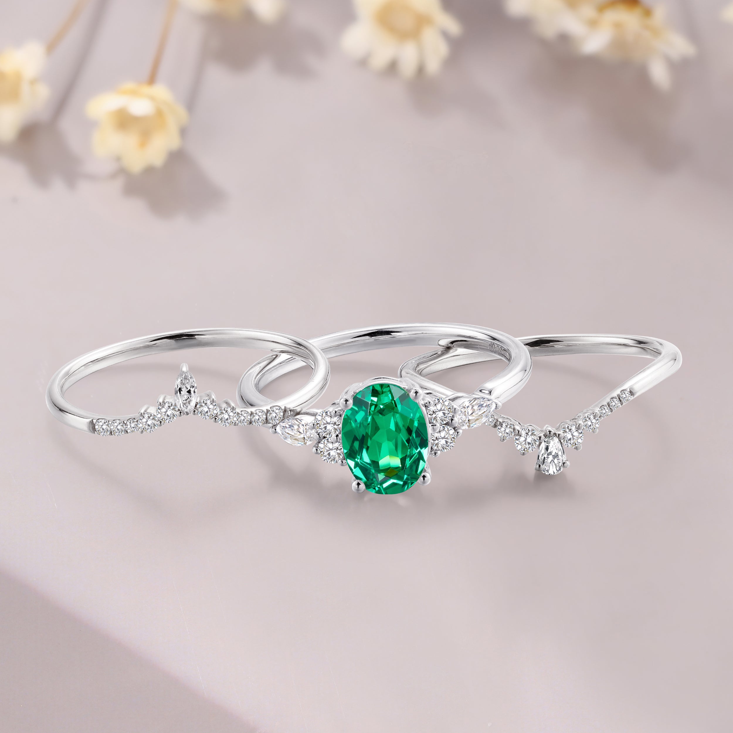 3pcs oval cut Tsavorite garnet cluster engagement ring set green garnet Tsavorite bridal set Pink Gemstone Ring stacking Band for women
