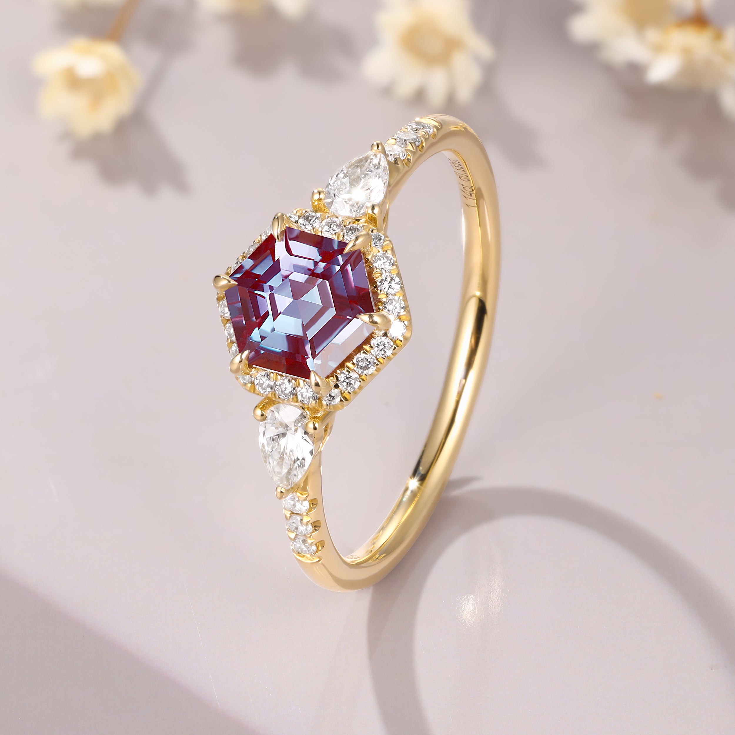 Vintage Hexagon Cut Alexandrite Moissanite Engagement 14K Yellow Gold Halo Ring