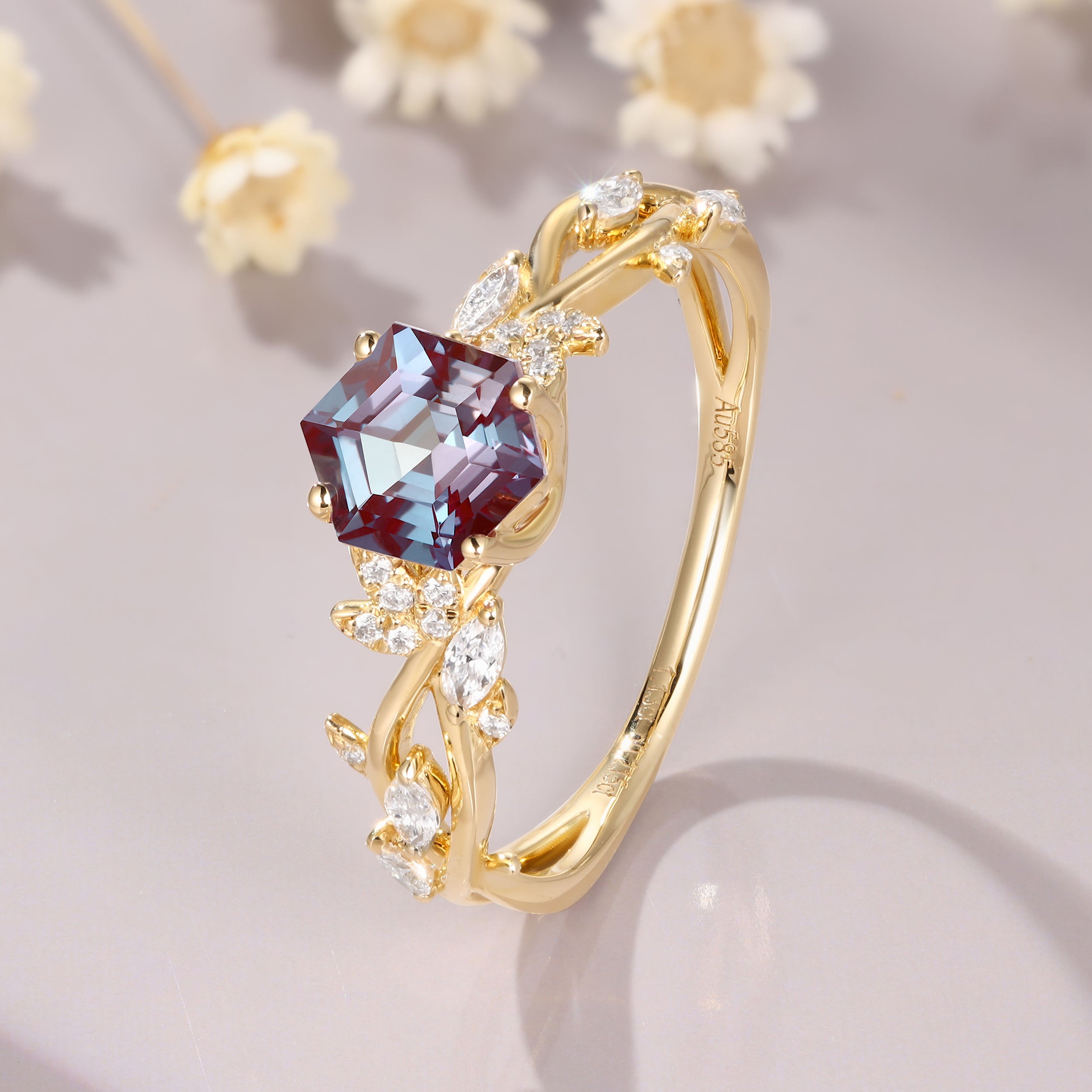 Hexagon Cut Alexandrite Engagement Twig Leaf Branch Design Color Changing Gemstone Ring