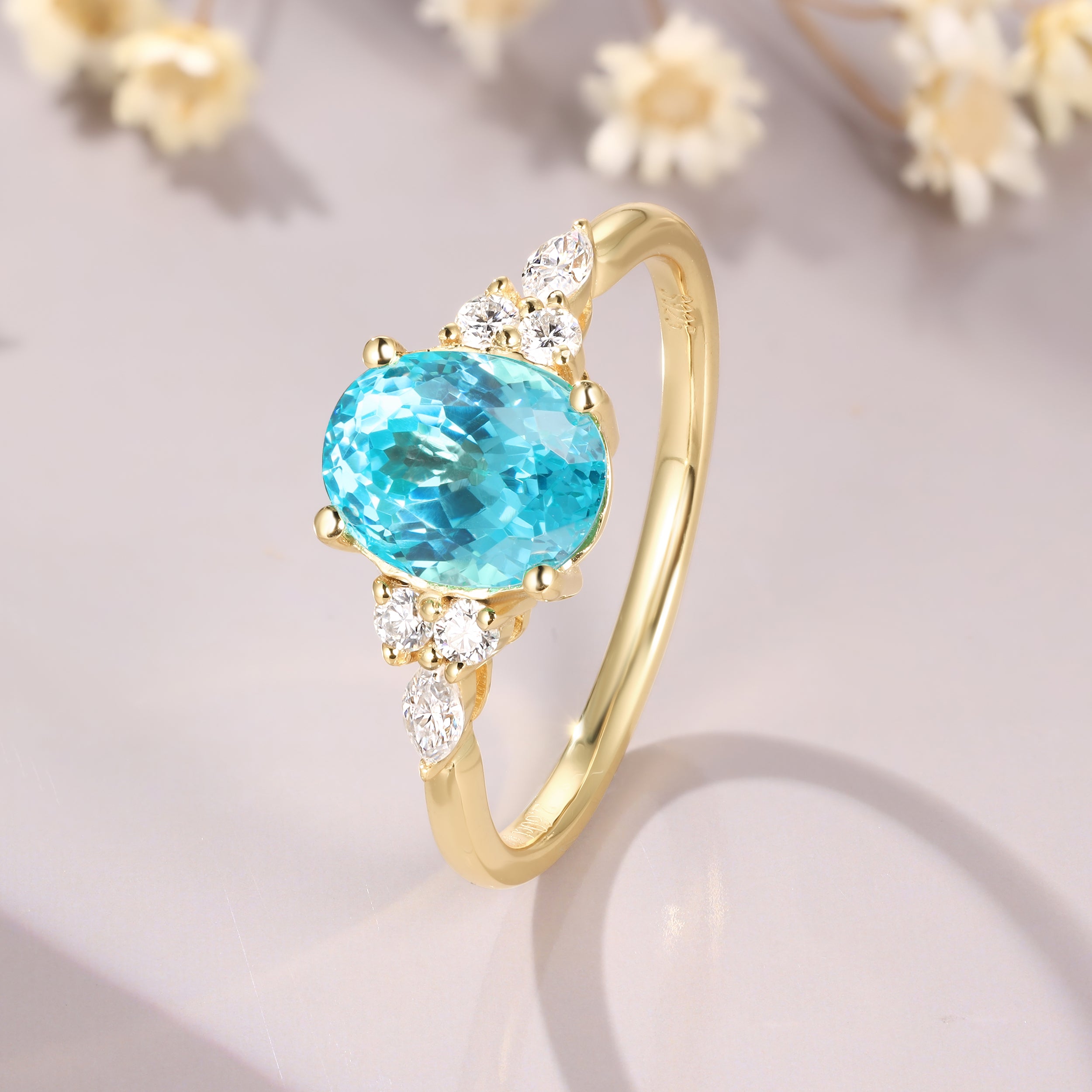 Unique Oval Cut Paraiba Moissanite Engagement Yellow Gold Wedding Anniversary Promise Ring