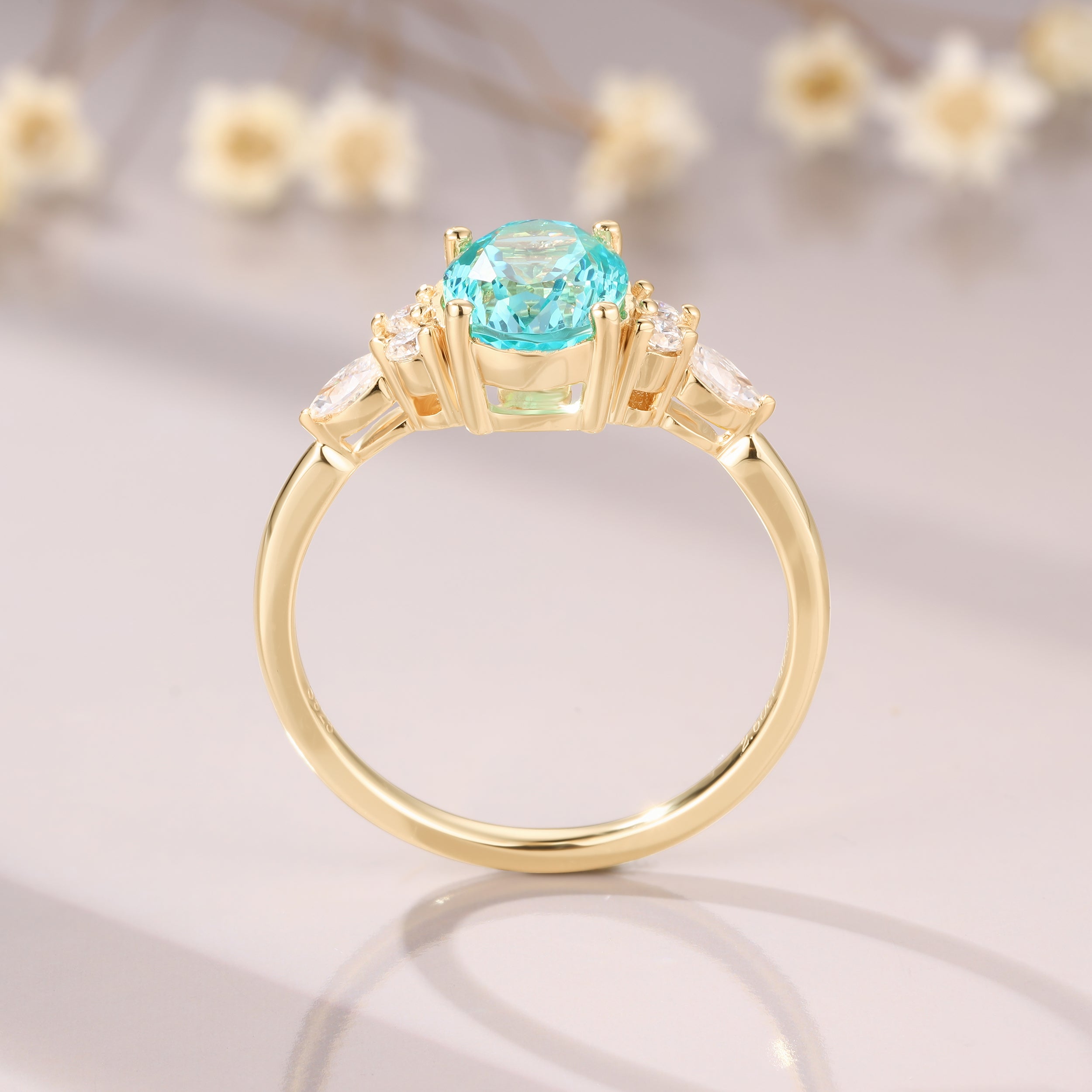 Unique Oval Cut Paraiba Moissanite Engagement Yellow Gold Wedding Anniversary Promise Ring