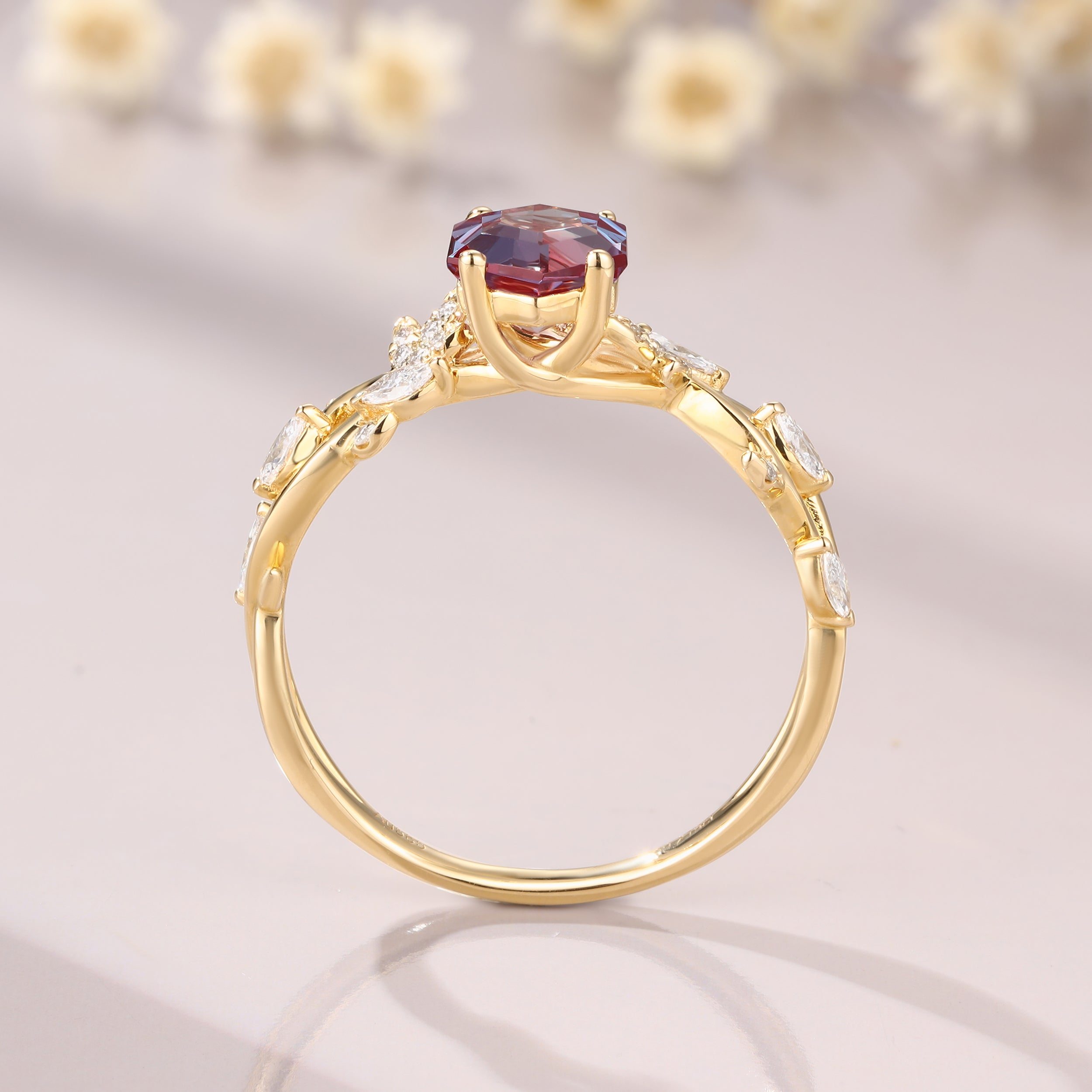 Hexagon Cut Alexandrite Engagement Twig Leaf Branch Design Color Changing Gemstone Ring