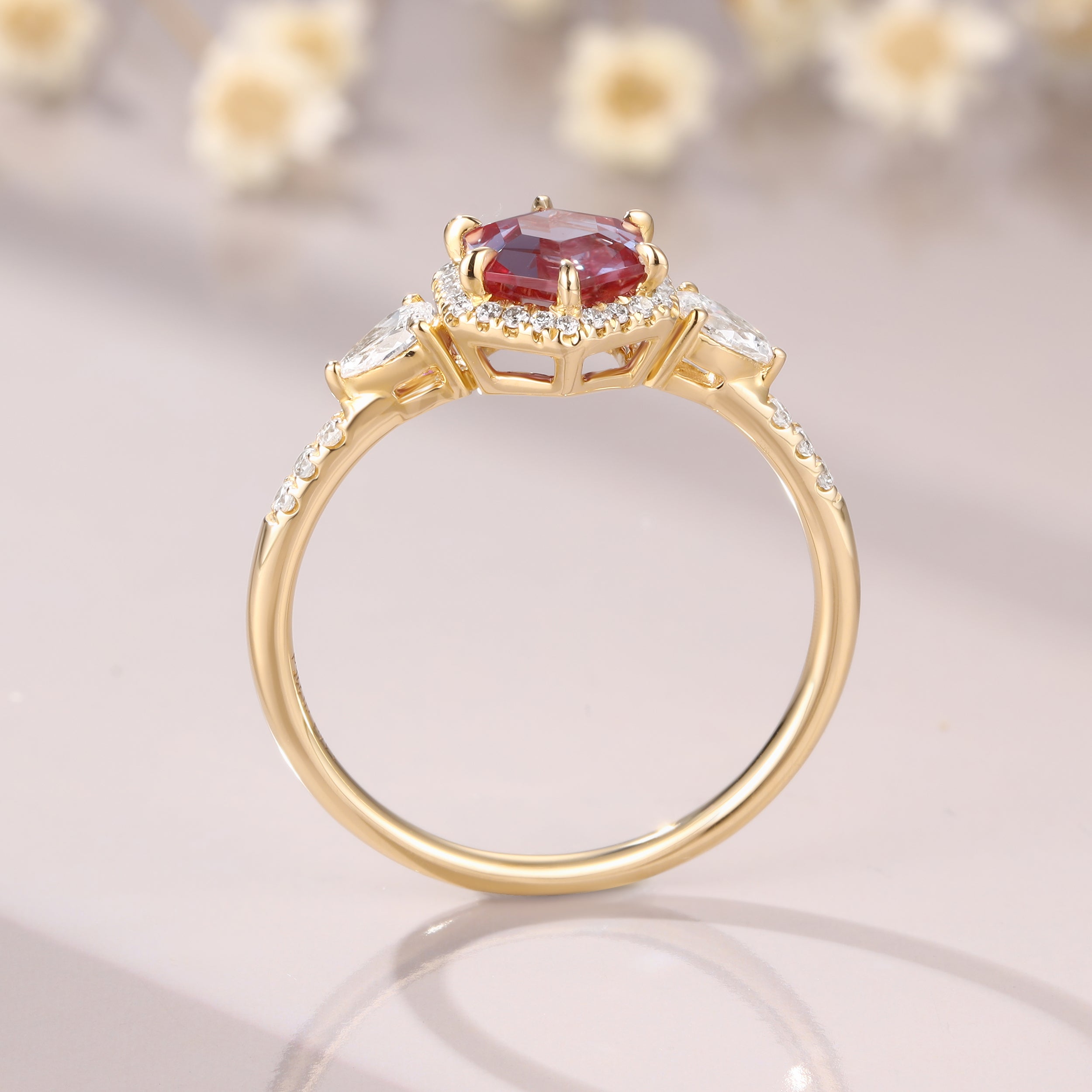 Vintage Hexagon Cut Alexandrite Moissanite Engagement 14K Yellow Gold Halo Ring