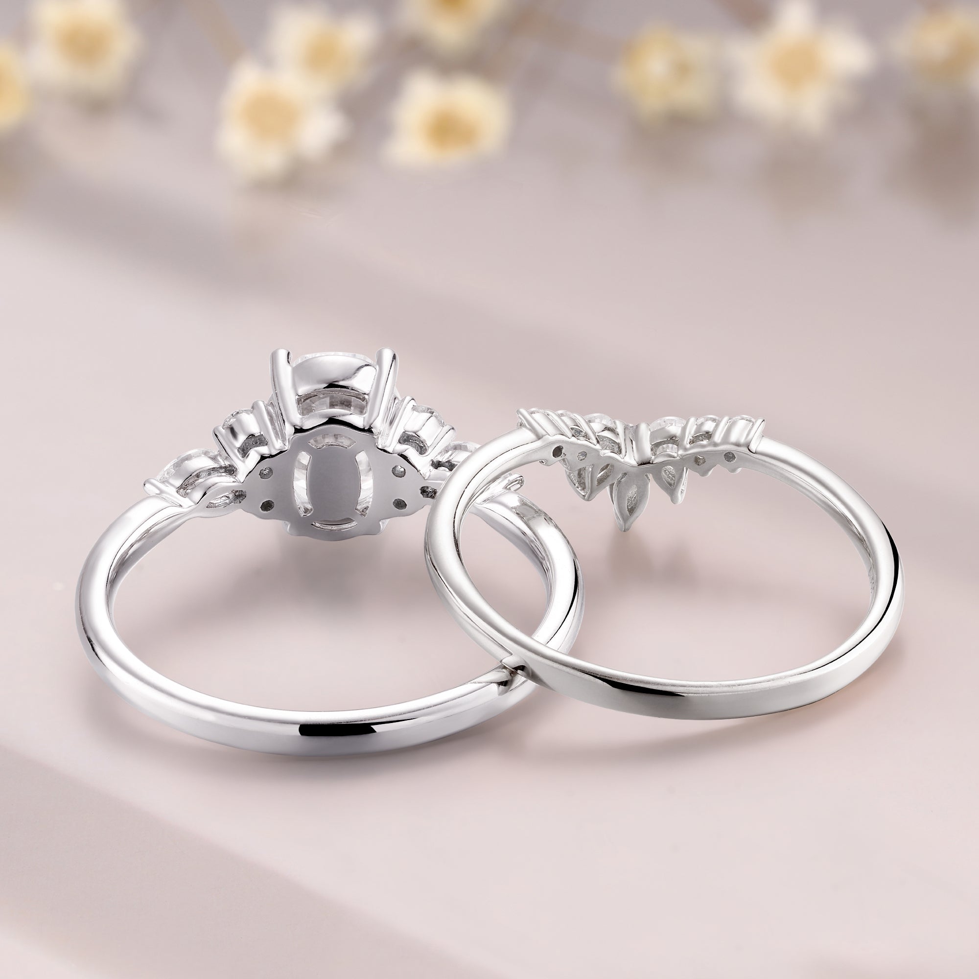 Oval cut Moissanite engagement ring set vintage White gold engagement ring set Bridal Set Unique Oval Engagement Rings For Women