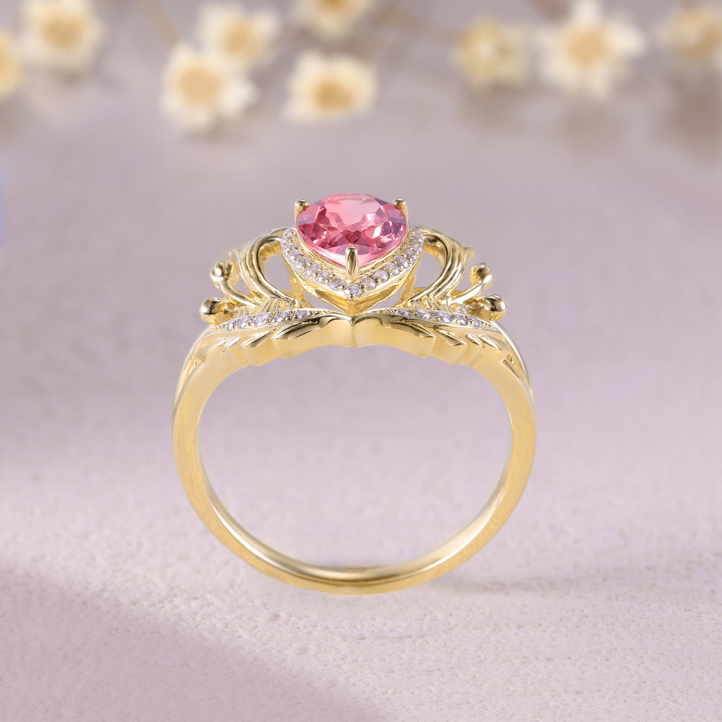Pear pink sapphire engagement ring, gold nature inspired ring