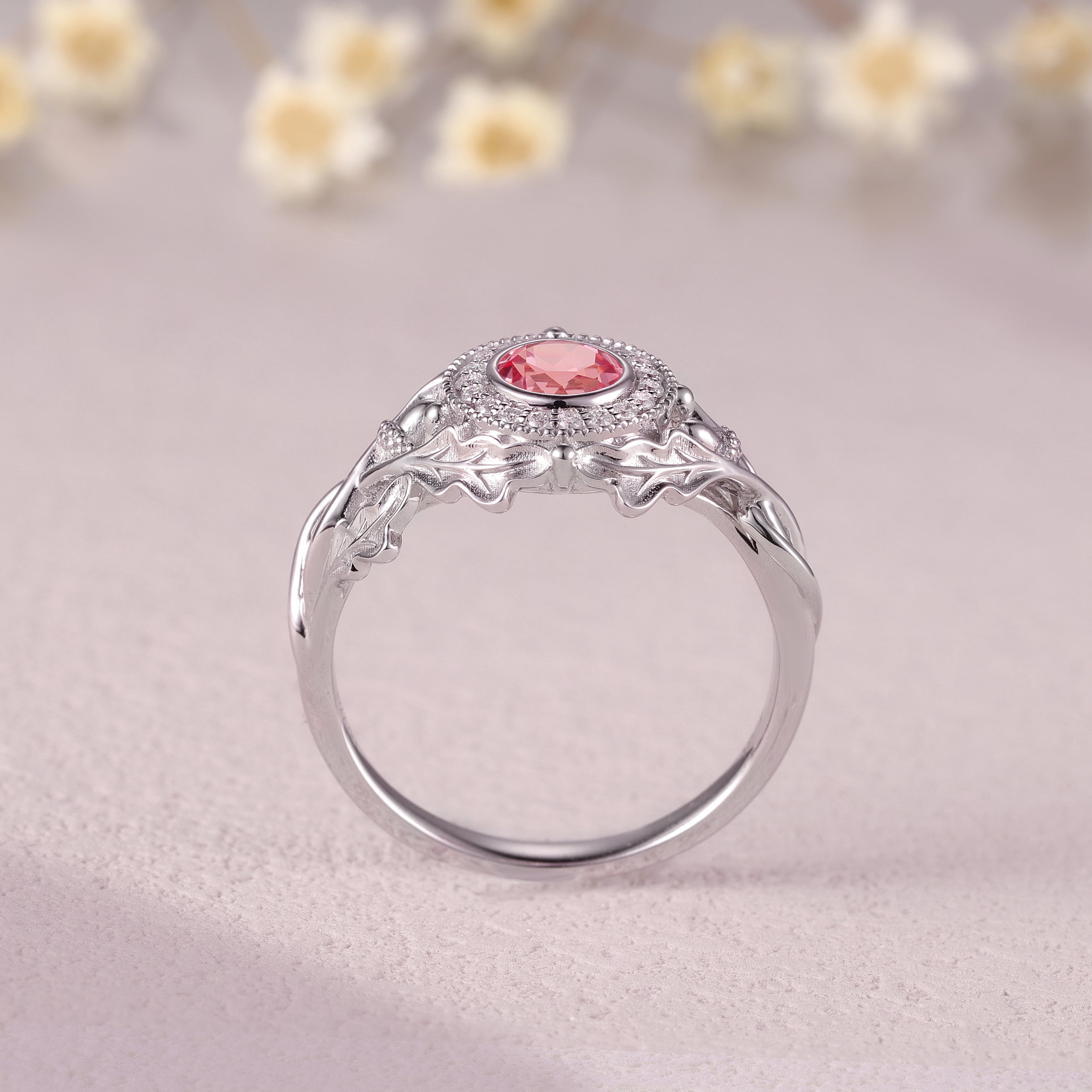 Nature Inspired Round Cut Moissanite Lab Pink Sapphire Engagement Ring