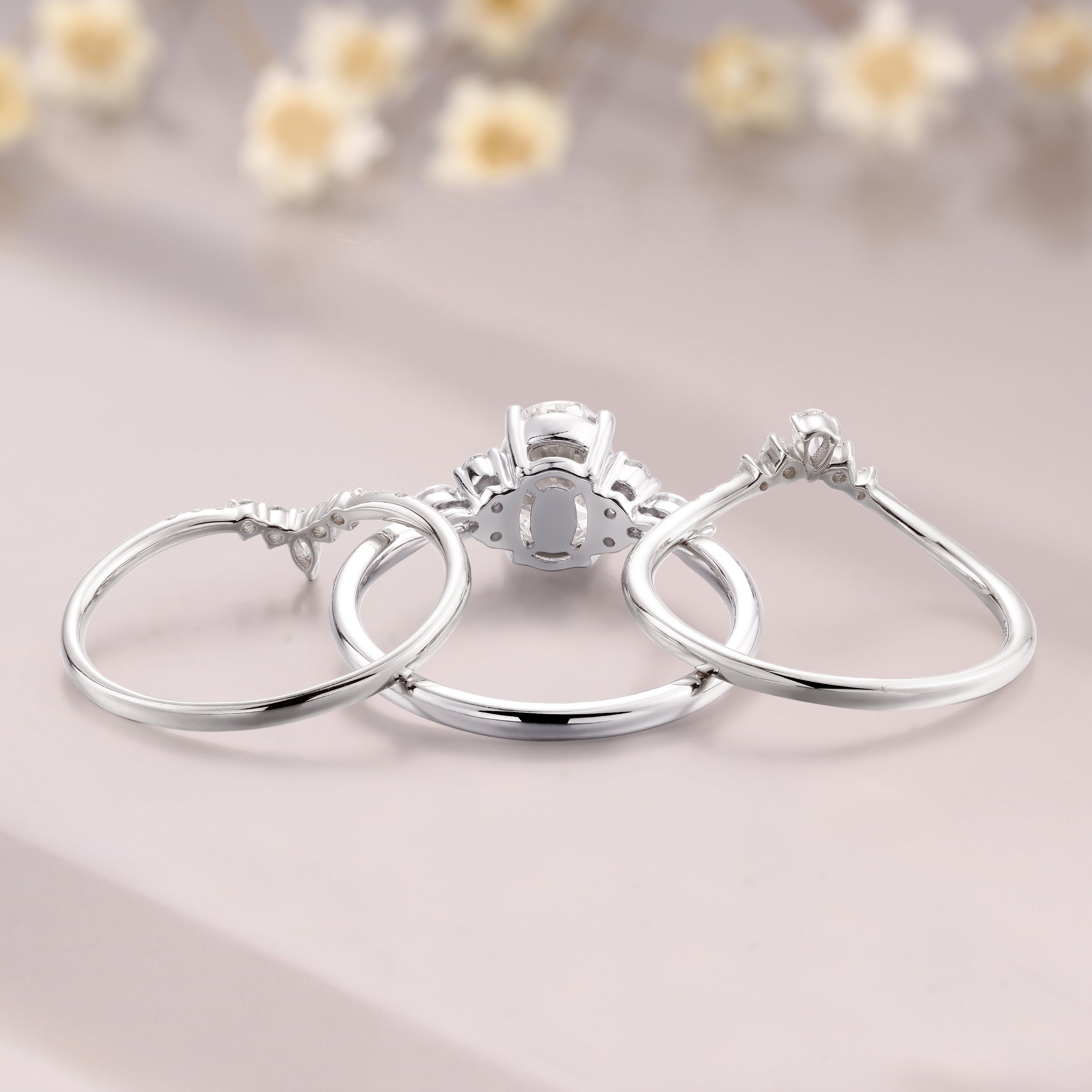 3pcs oval moissanite cluster engagement ring set 14K white gold moissanite bridal set wedding curved Band