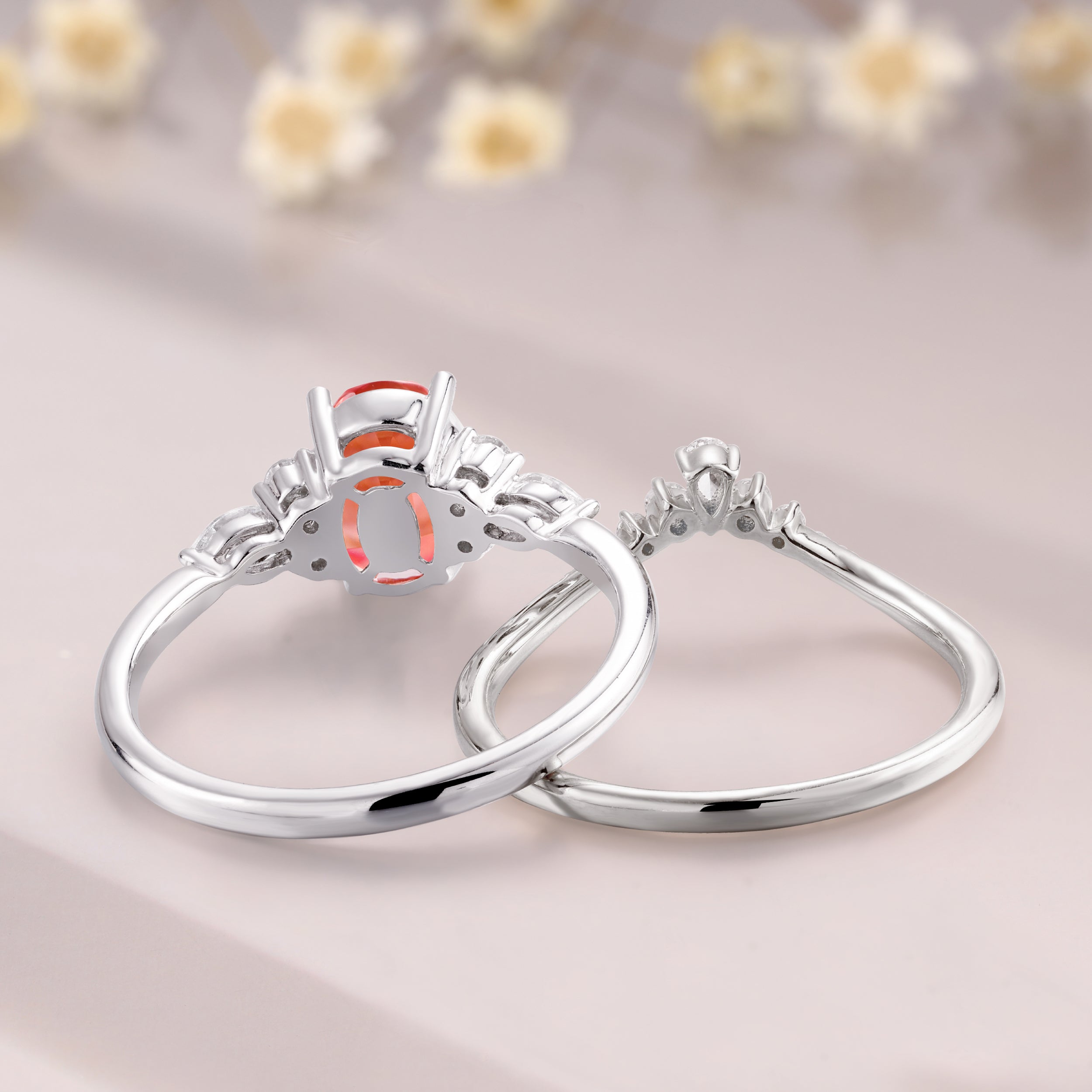 Vintage Oval Cut Padparadscha Wedding Set 14K White Gold Pink Bridal Ring