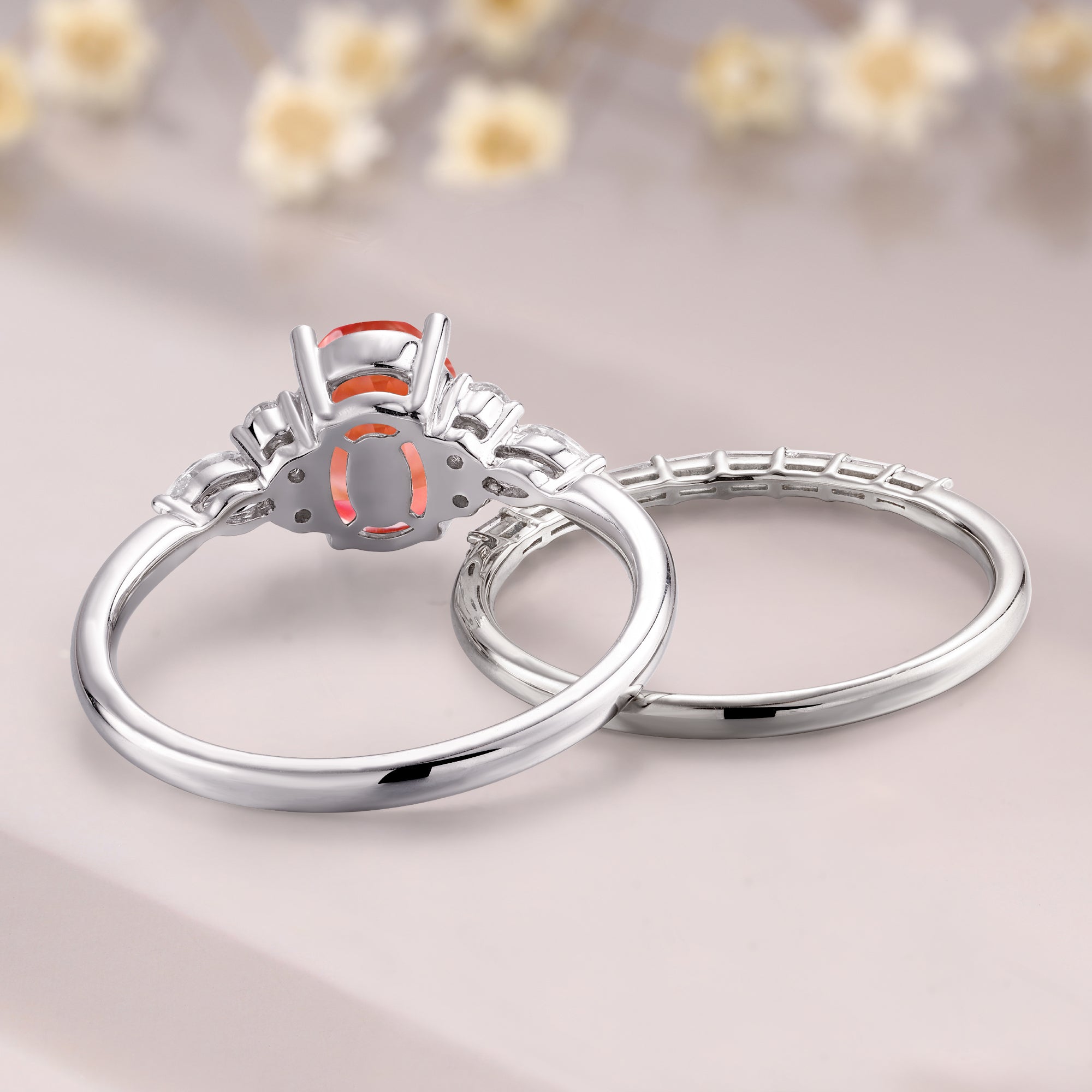 Oval cut Padparadscha sapphire engagement ring set art deco pink sapphire bridal set 14K white gold baguette matching Band
