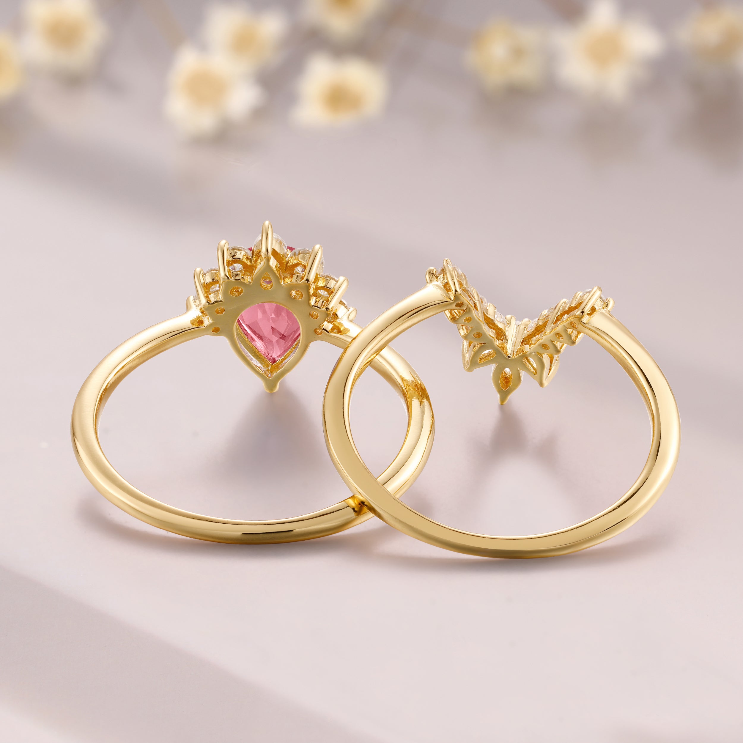 Pear Shaped Padparadscha 14K White Gold Unique Moissanite Bridal Ring