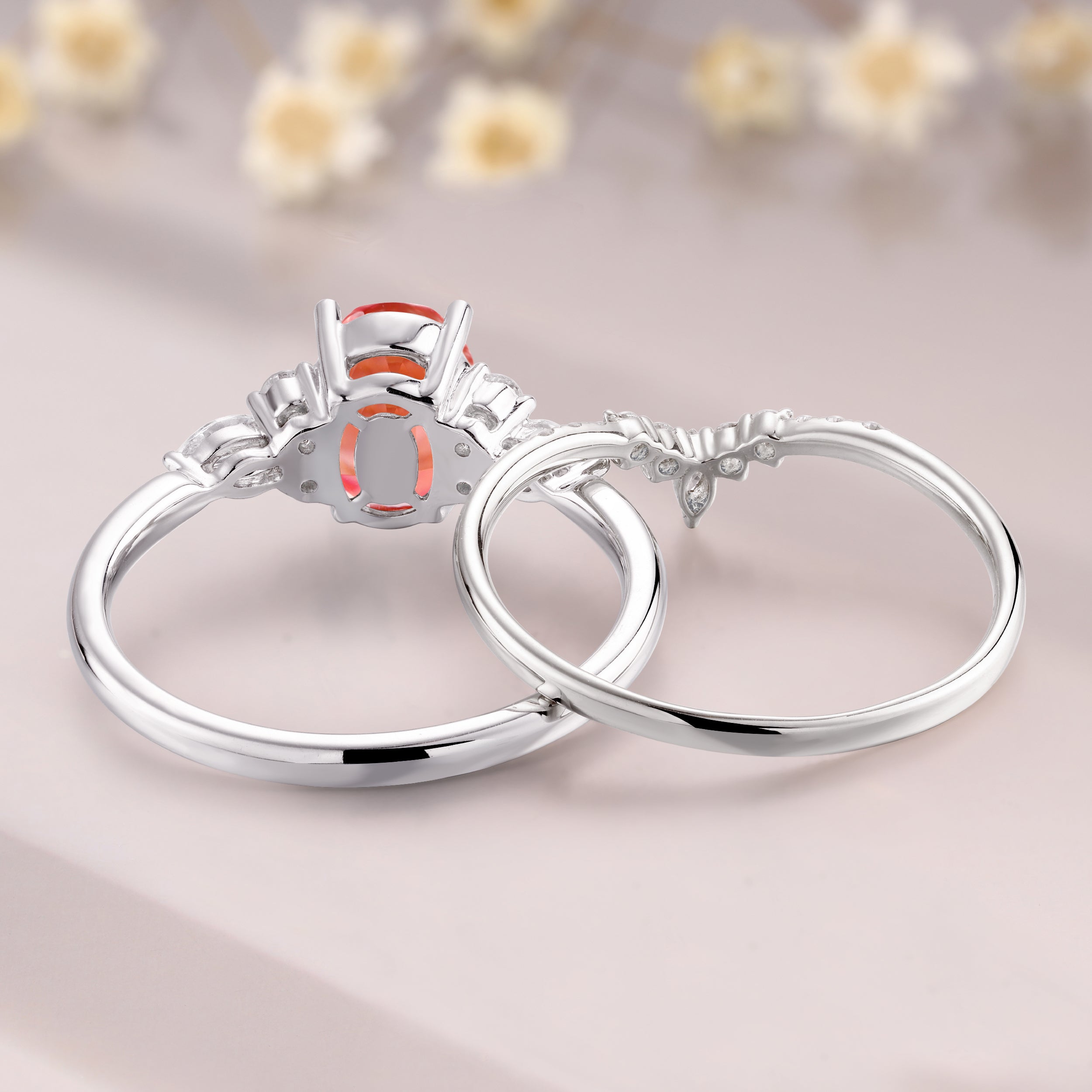 Oval Padparadscha sapphire engagement ring set 14K white gold pink sapphire bridal set pink gemstone ring Birthday Gift