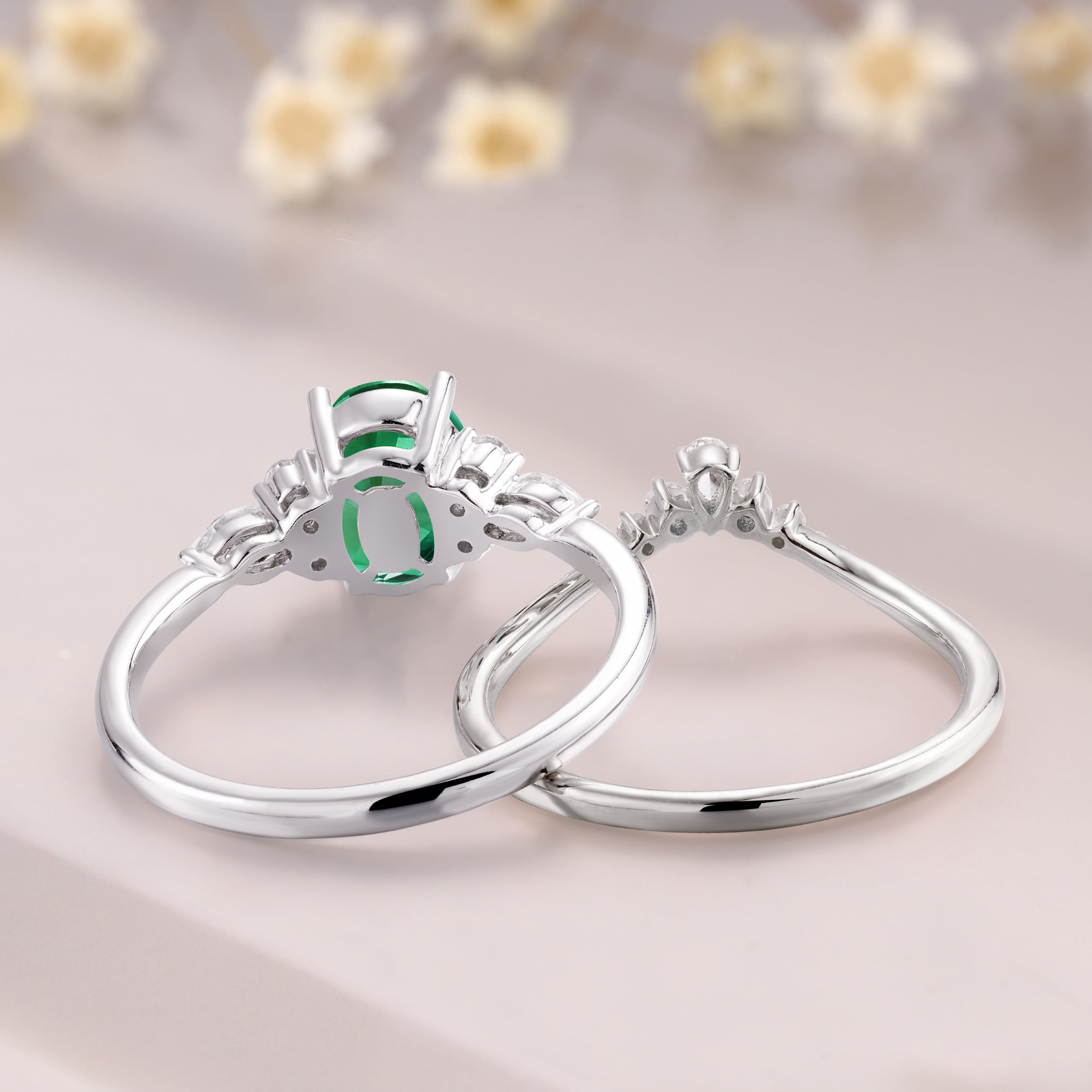 oval Tsavorite garnet engagement ring set 14K white gold marquise wedding ring set green gemstone ring anniversary gift