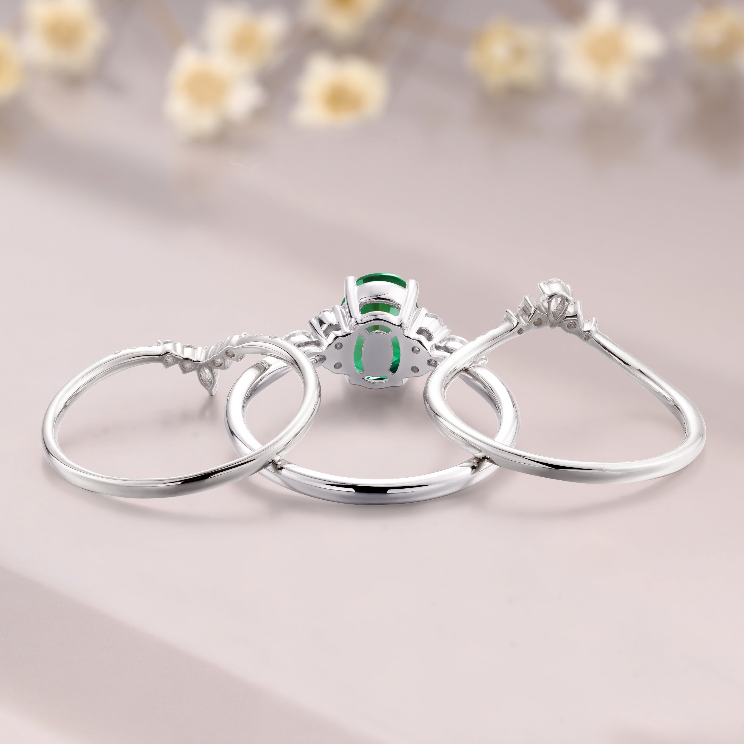 3pcs oval cut Tsavorite garnet cluster engagement ring set green garnet Tsavorite bridal set Pink Gemstone Ring stacking Band for women