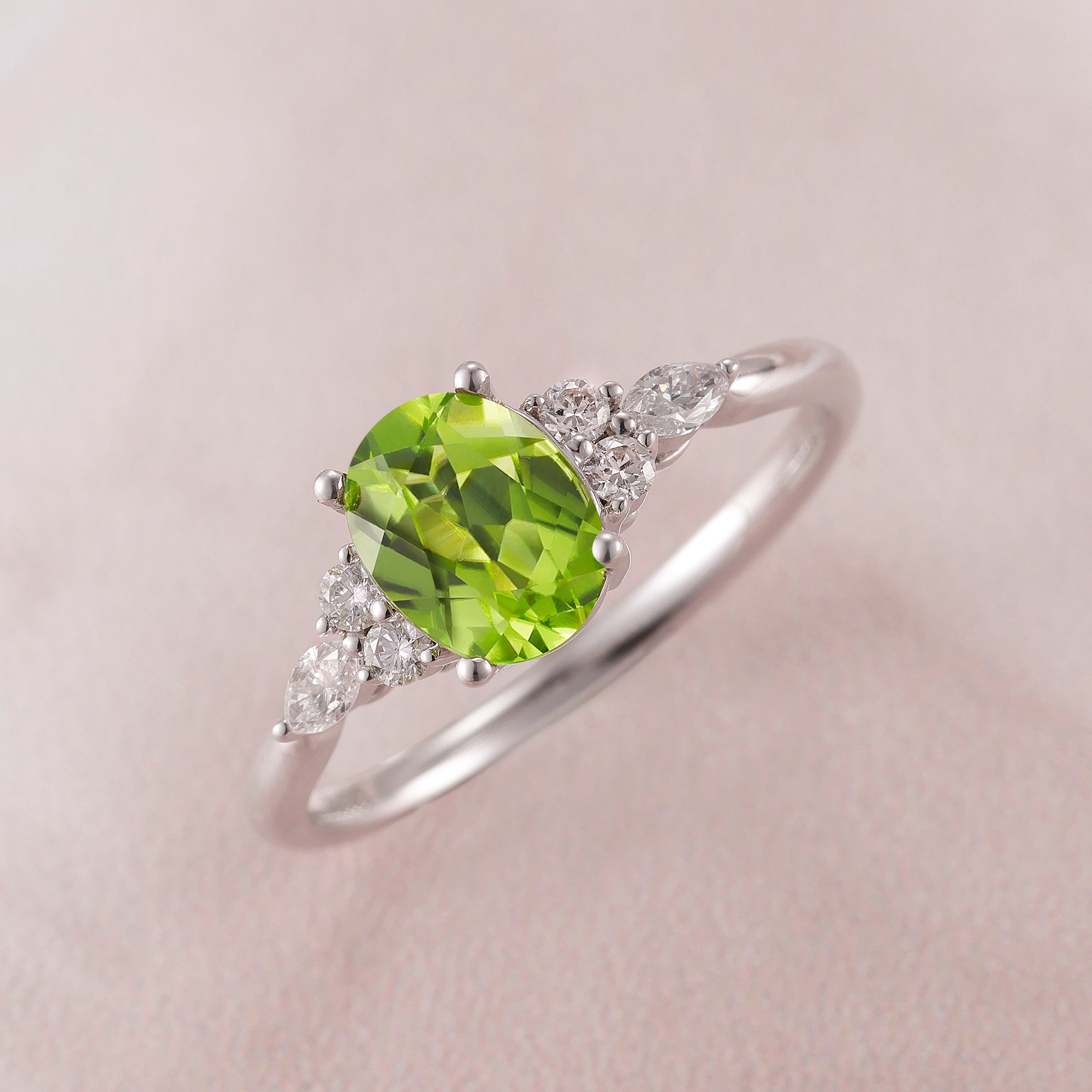 1.5CT Vintage Oval Cut Moissanite Lab Grown Peridot 14K White Gold Engagement Ring