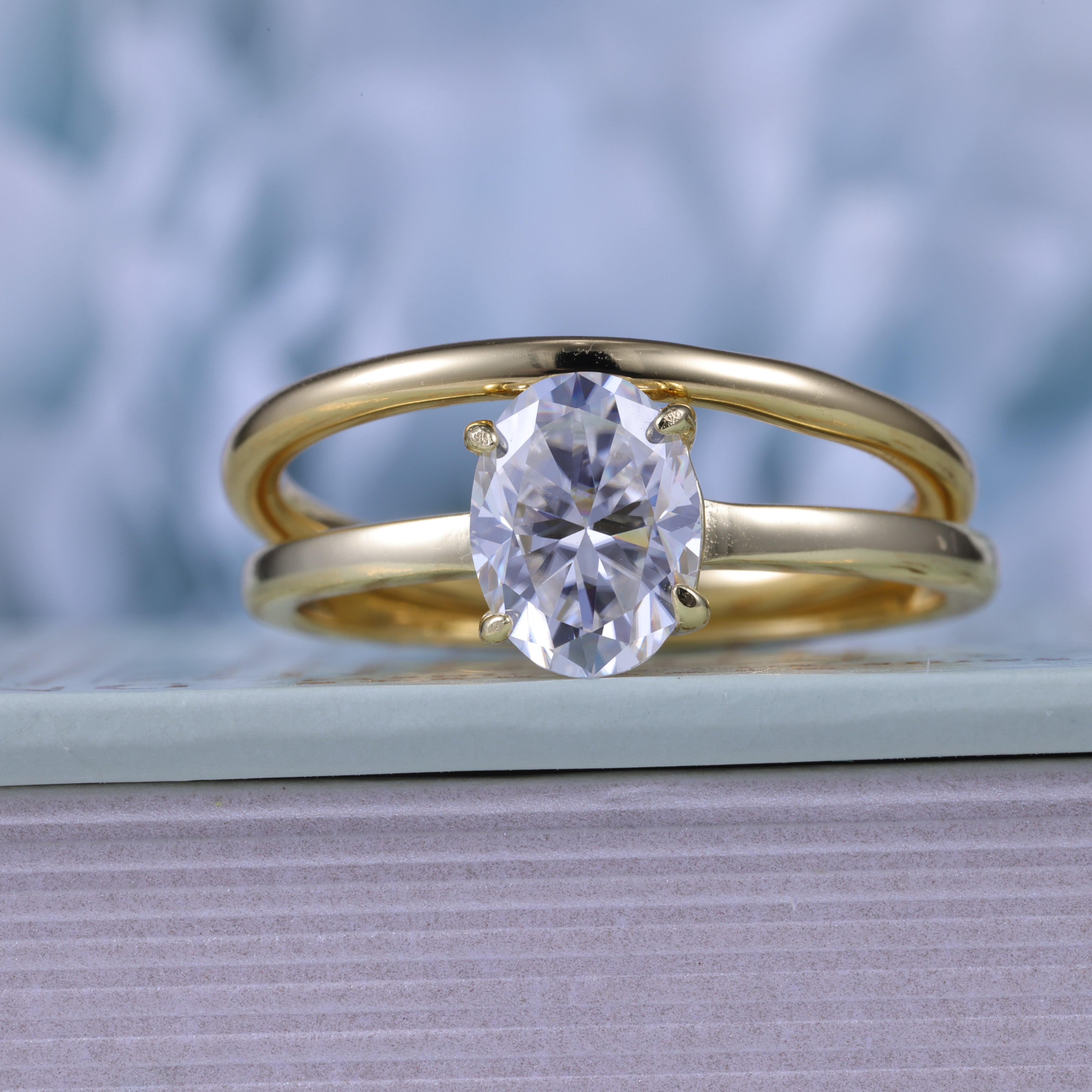 Oval Cut Moissanite Engagement Ring  Set With Plain Yellow Gold Ring