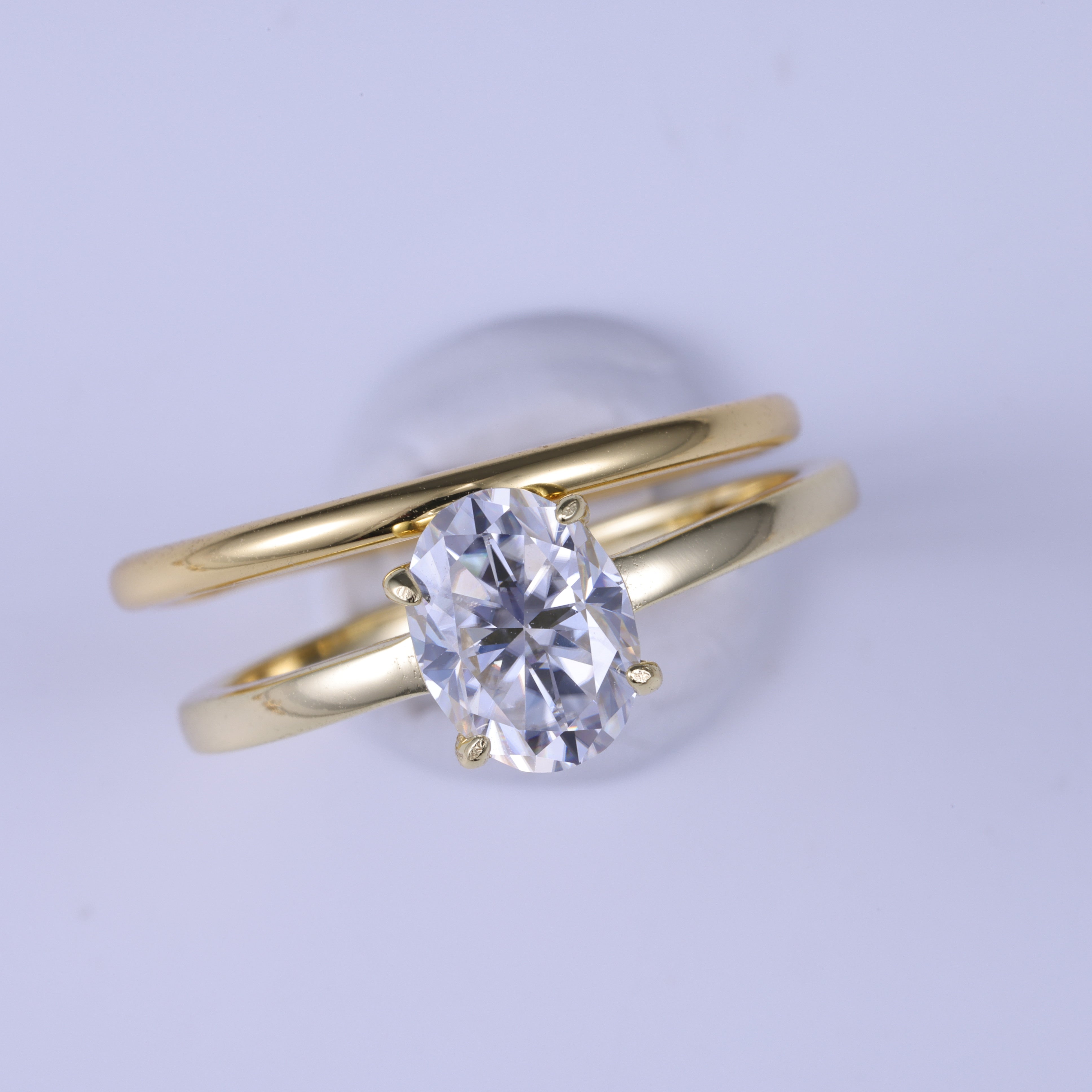 Oval Cut Moissanite Engagement Ring  Set With Plain Yellow Gold Ring