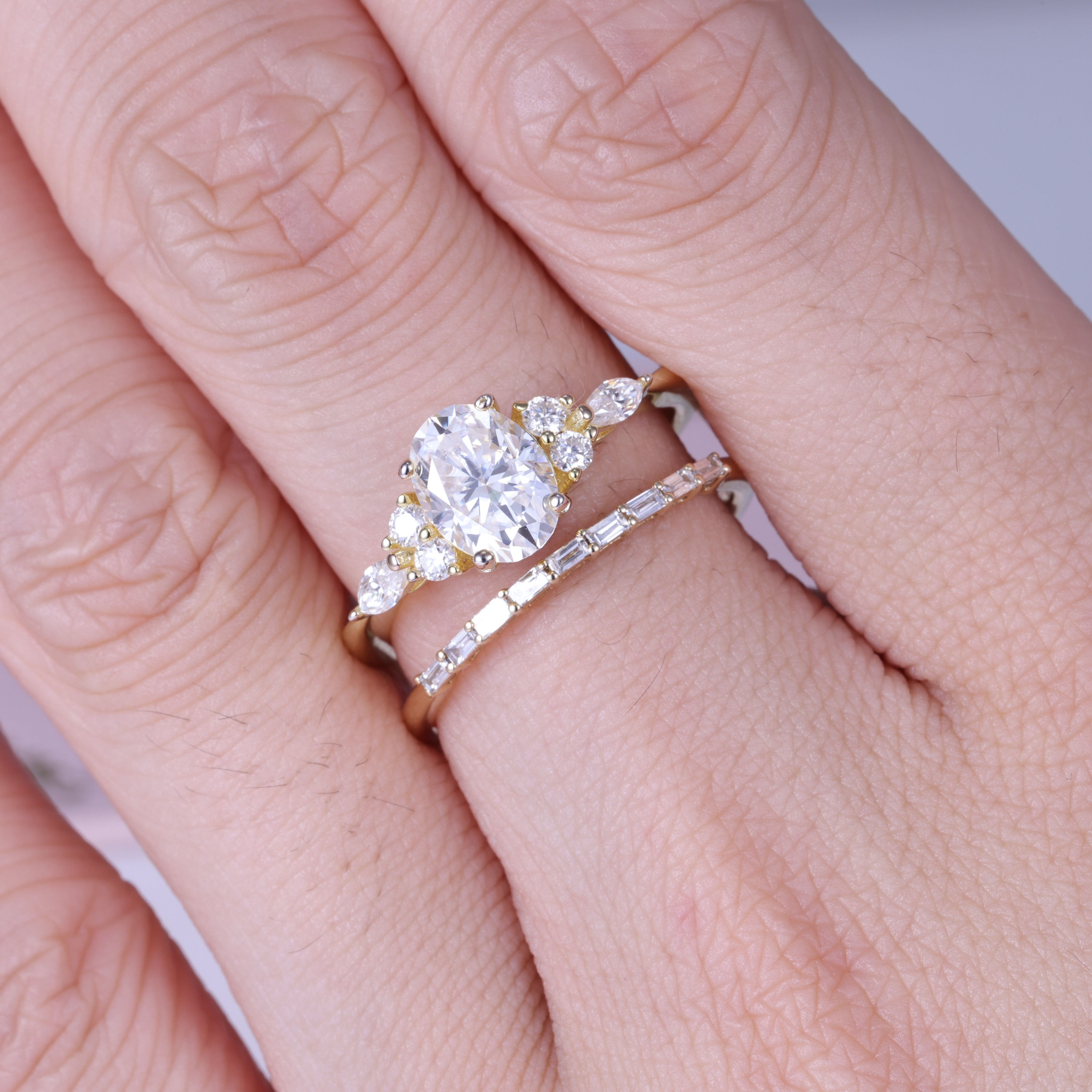 Oval Cut Moissanite With Side Stone Engagement Stack Yellow Gold Ring