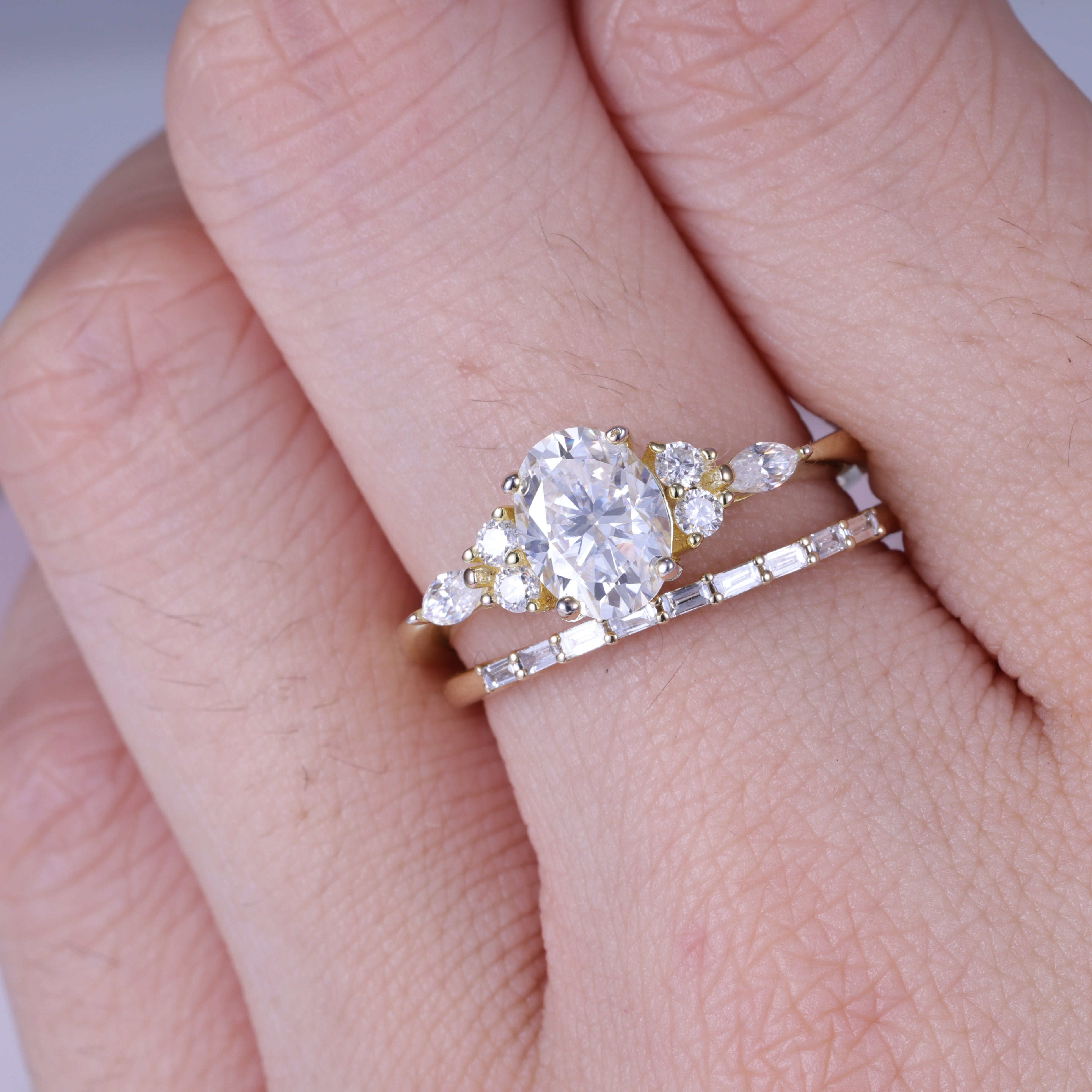 Oval Cut Lab Diamond With Side Stone Engagement Stack Yellow Gold Ring