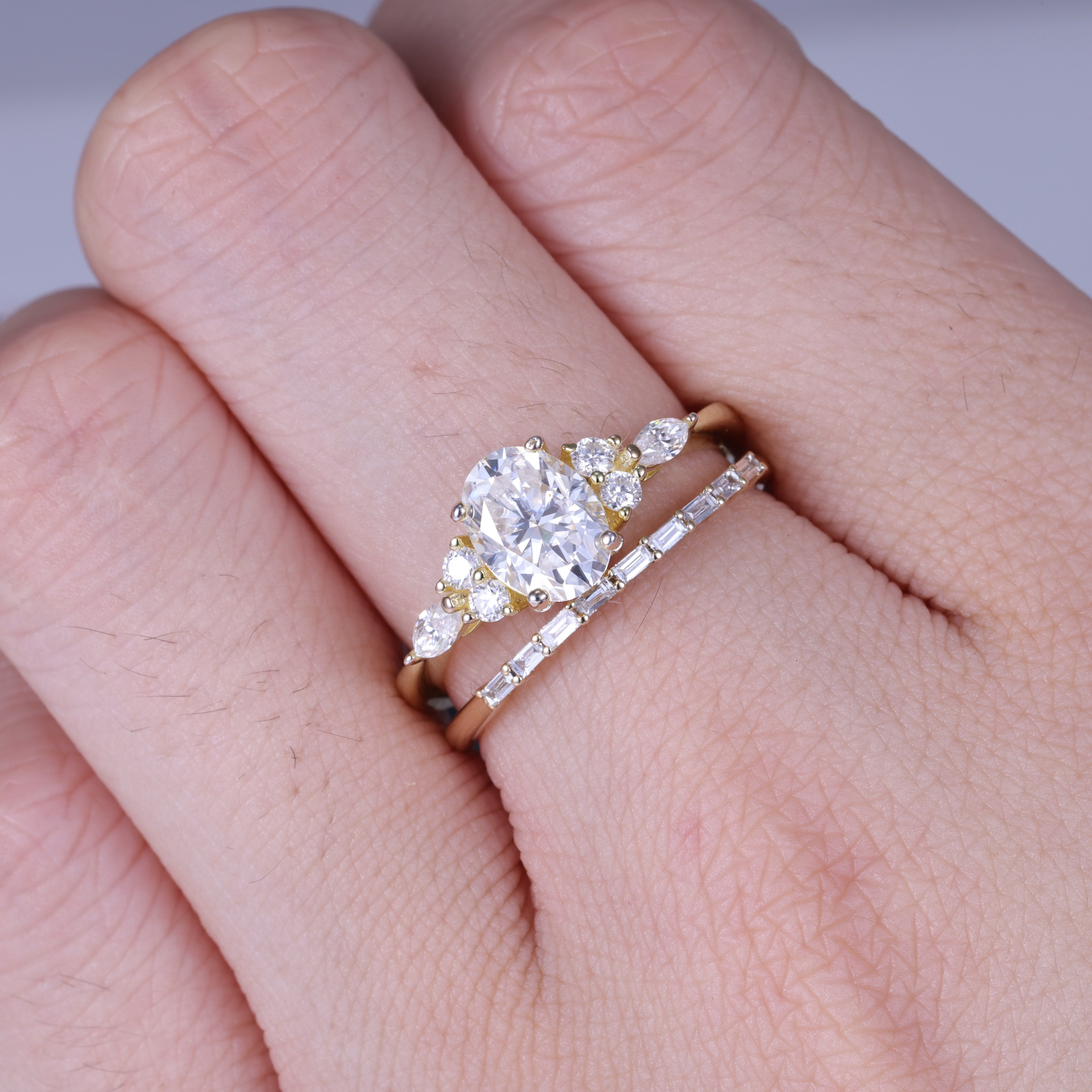 Oval Cut Moissanite With Side Stone Engagement Stack Yellow Gold Ring