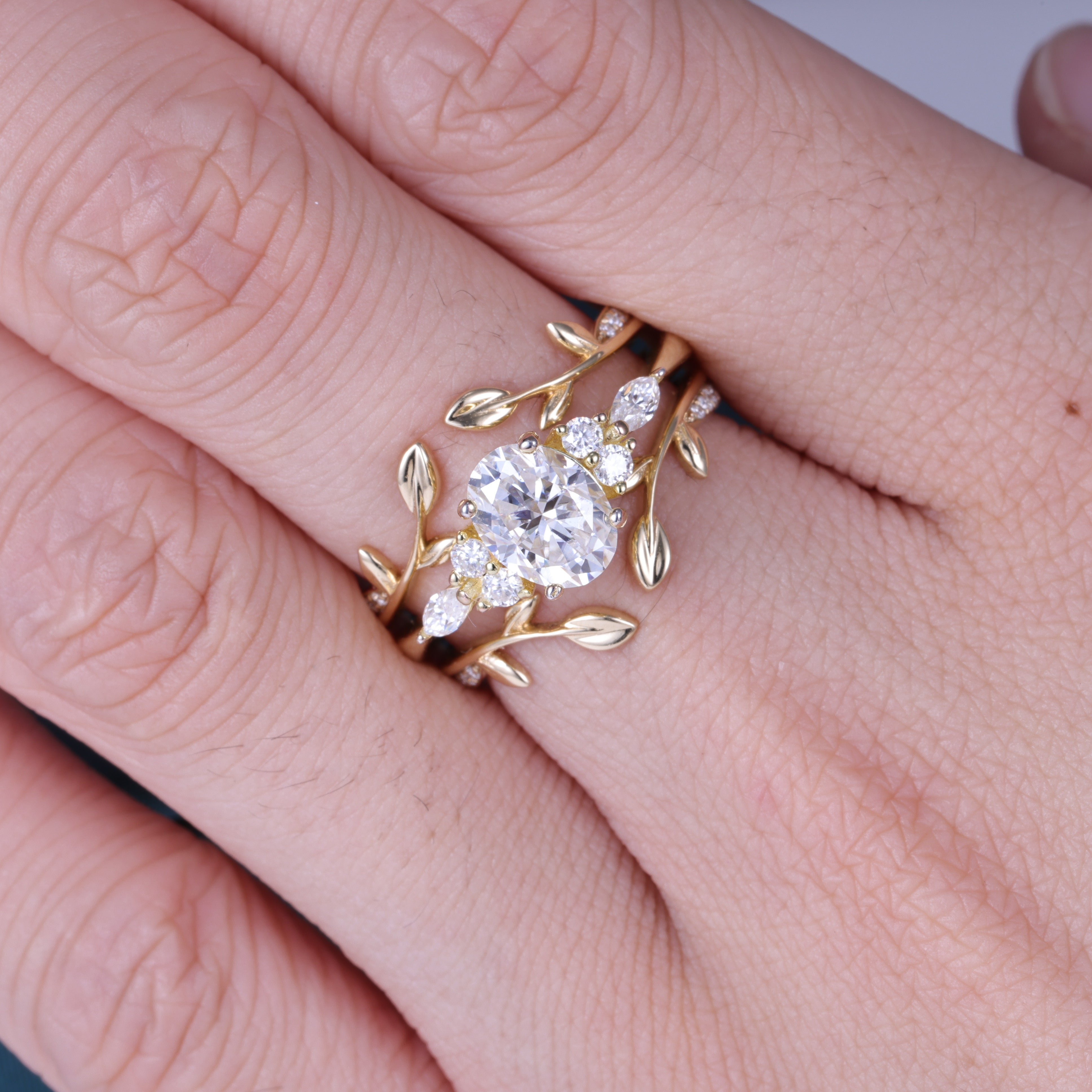Oval Cut Lab Diamond  Nature Inspired Leaf Engagement Ring Set