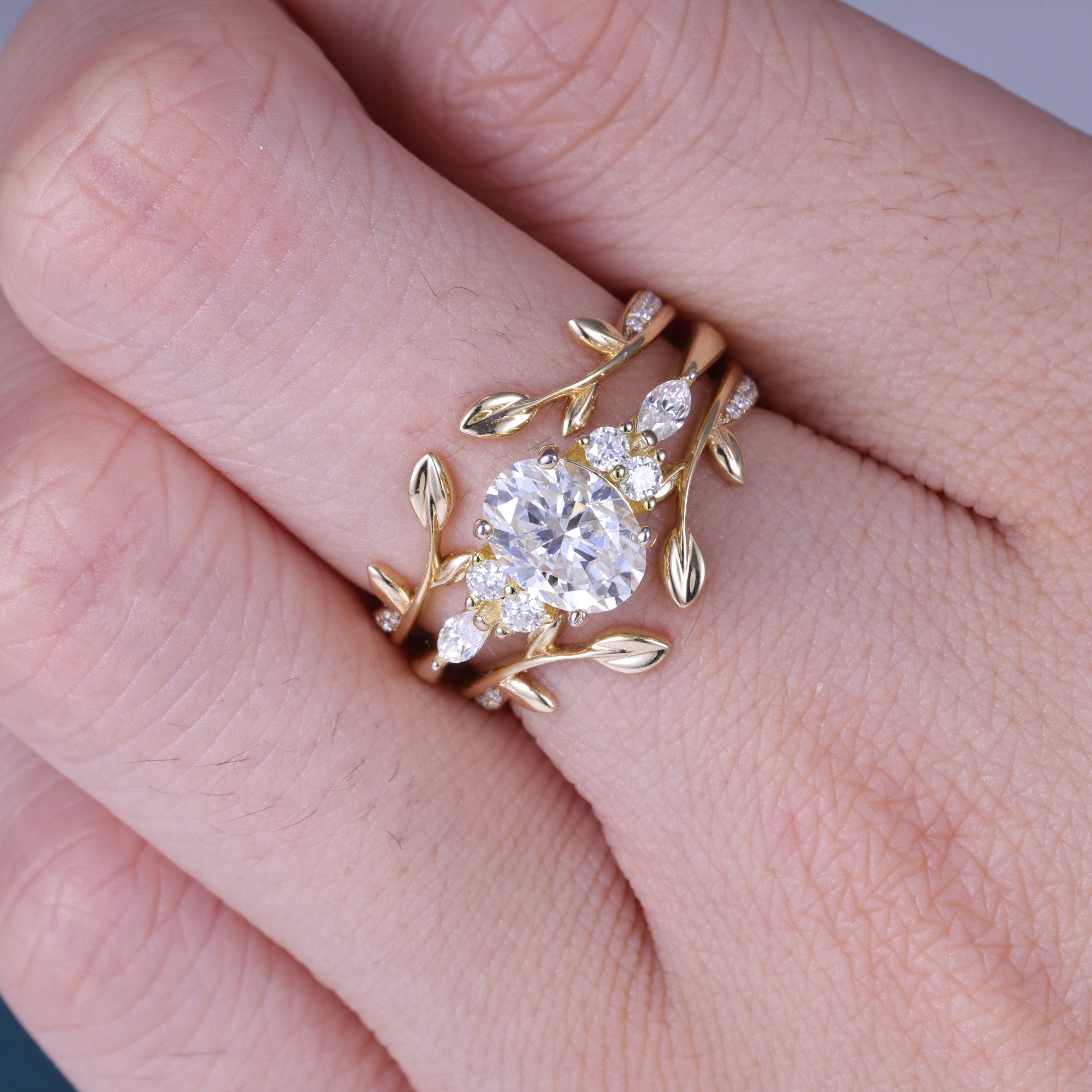 Oval Cut Lab Diamond  Nature Inspired Leaf Engagement Ring Set