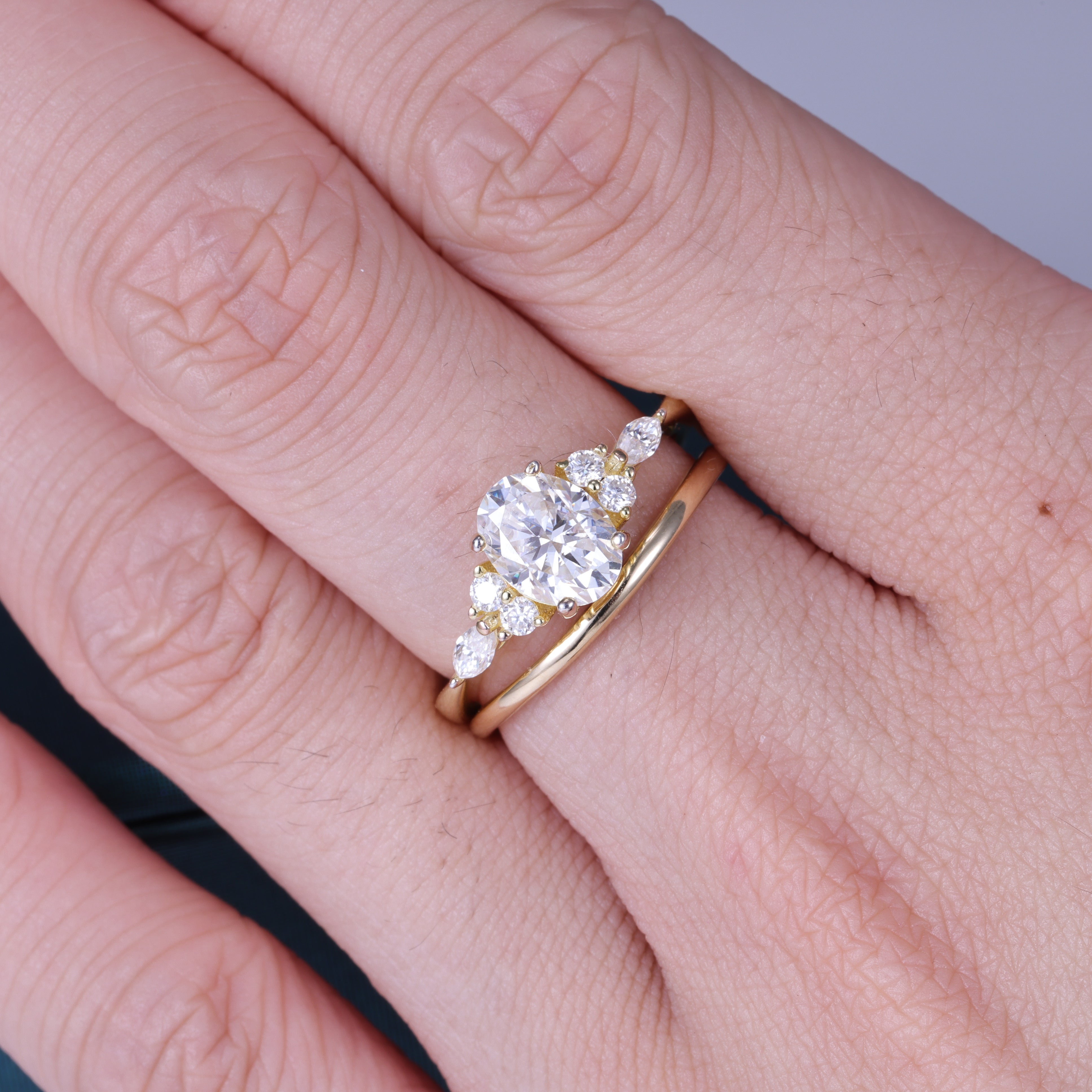 2pc Stack The Lab Diamond  Oval Cut Side Stone Engagement Ring