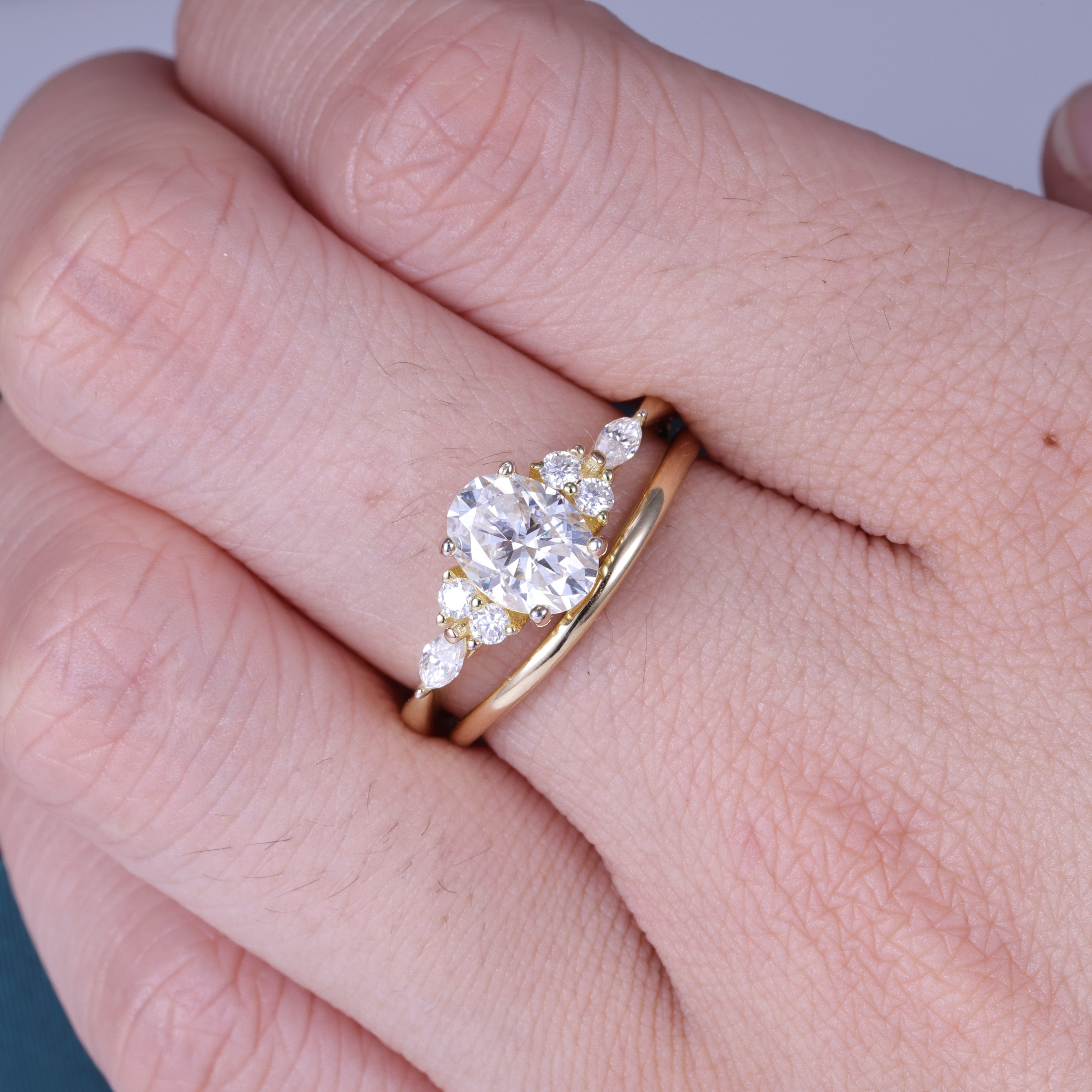 2pc Stack The Lab Diamond  Oval Cut Side Stone Engagement Ring