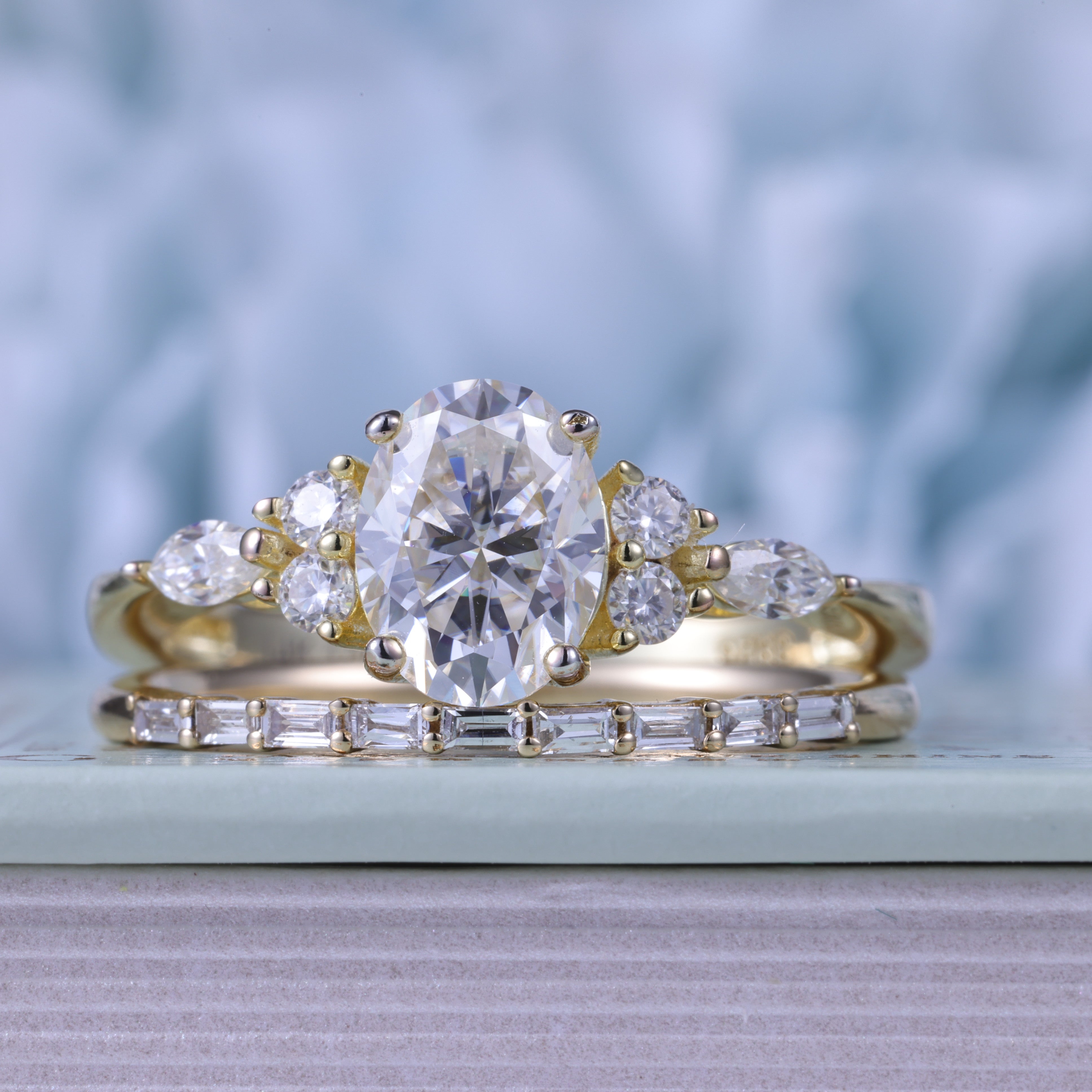 Oval Cut Moissanite With Side Stone Engagement Stack Yellow Gold Ring