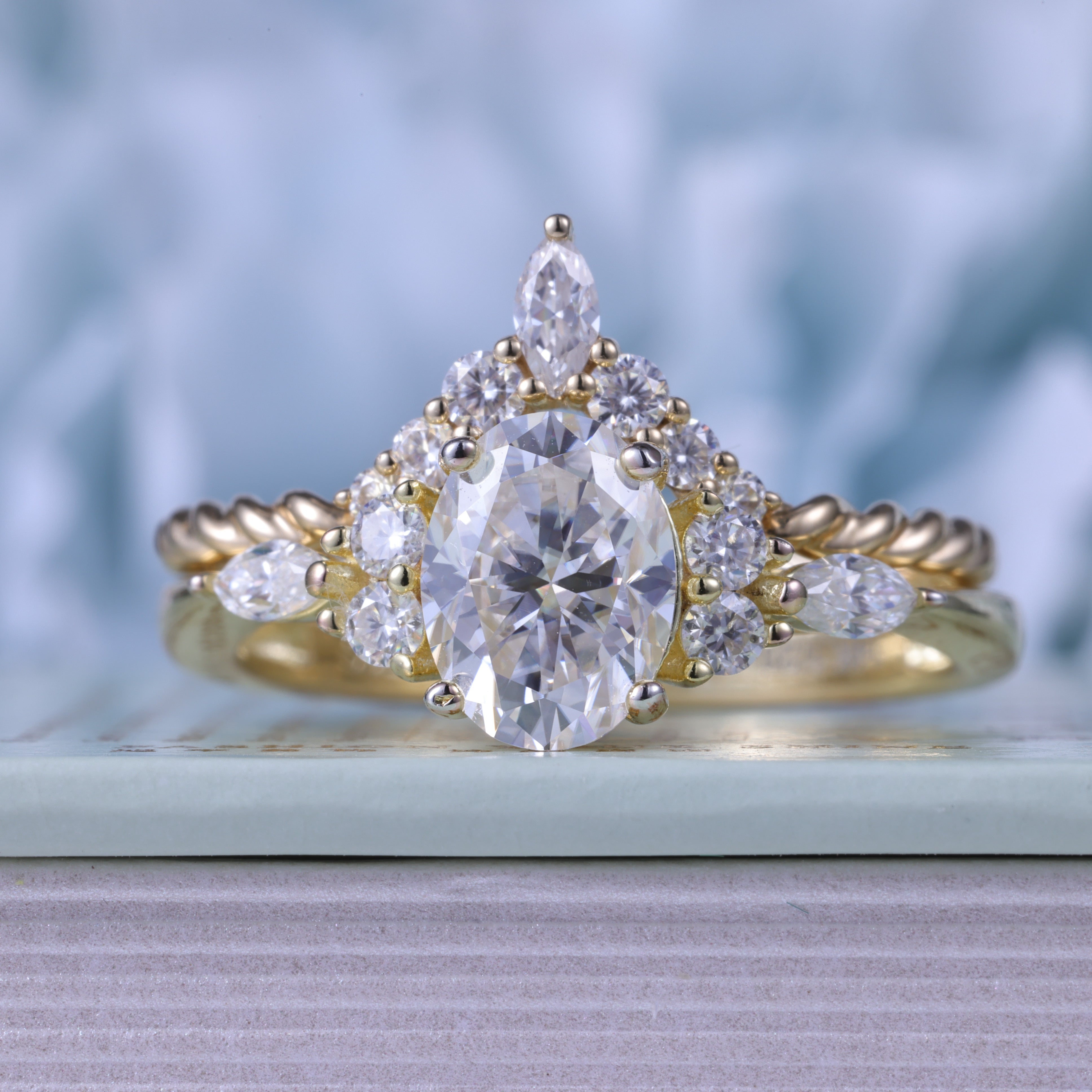 Yellow Gold Moissanite Band Engagement Ring Bridal Set For Her
