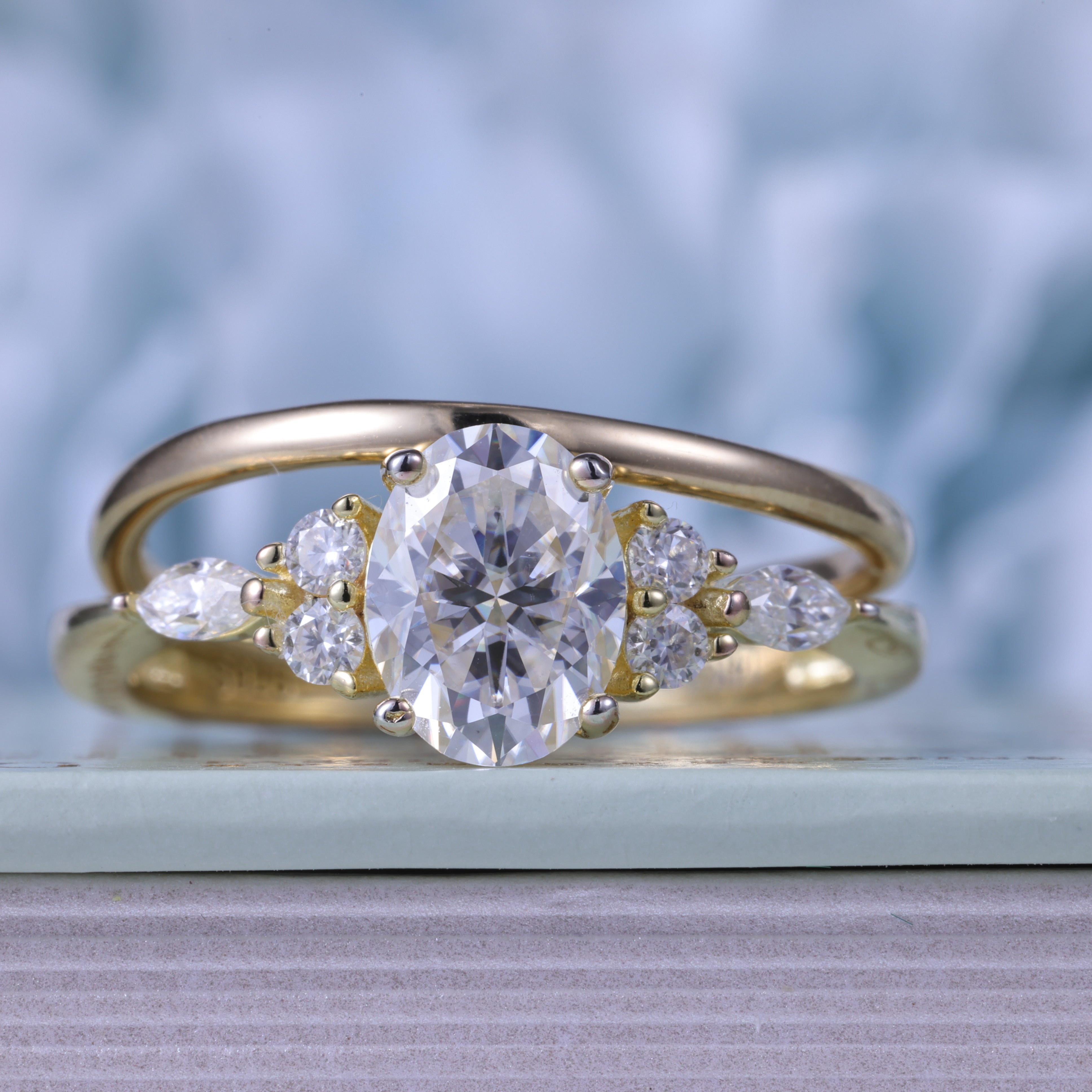 2pc Stack The Lab Diamond  Oval Cut Side Stone Engagement Ring