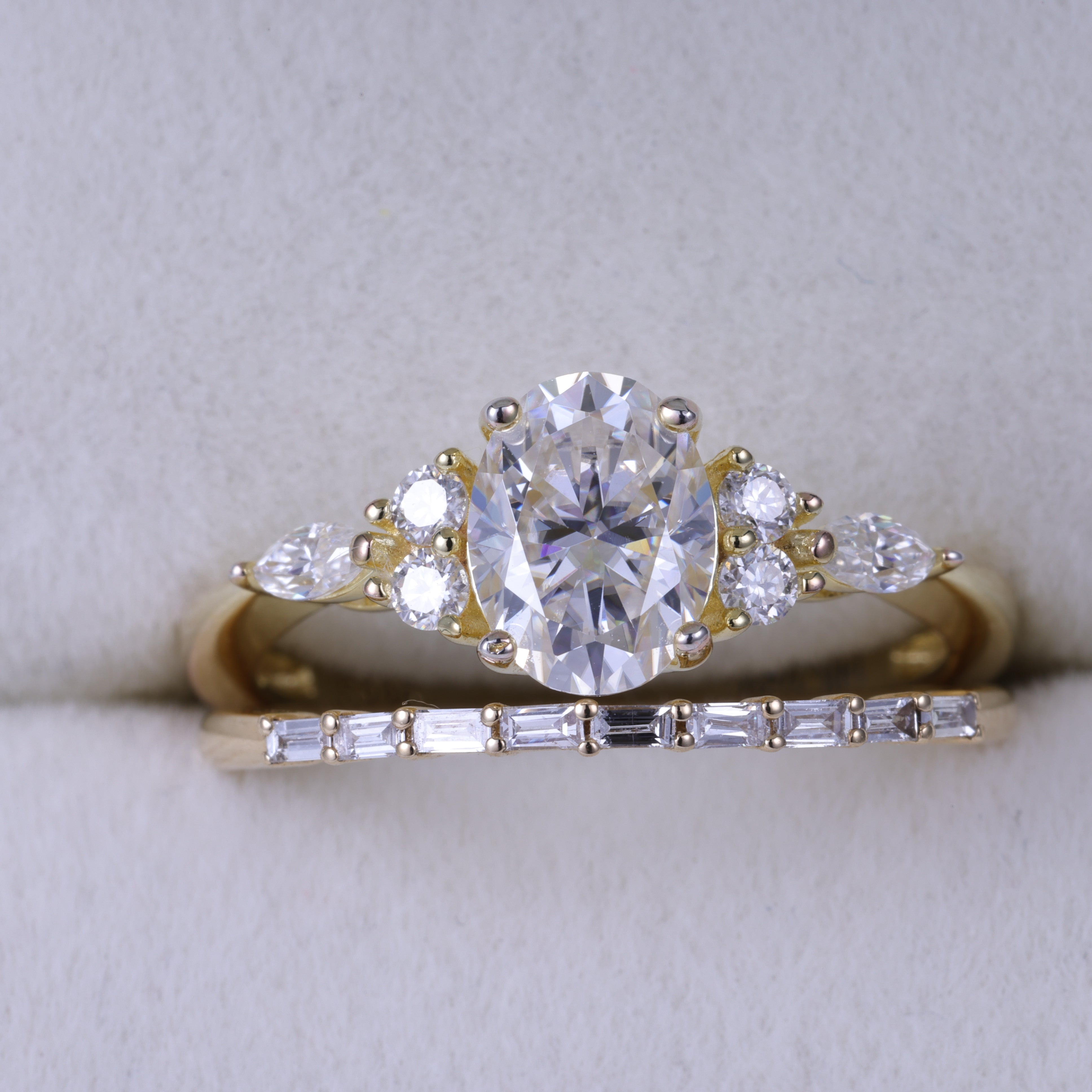 Oval Cut Lab Diamond With Side Stone Engagement Stack Yellow Gold Ring