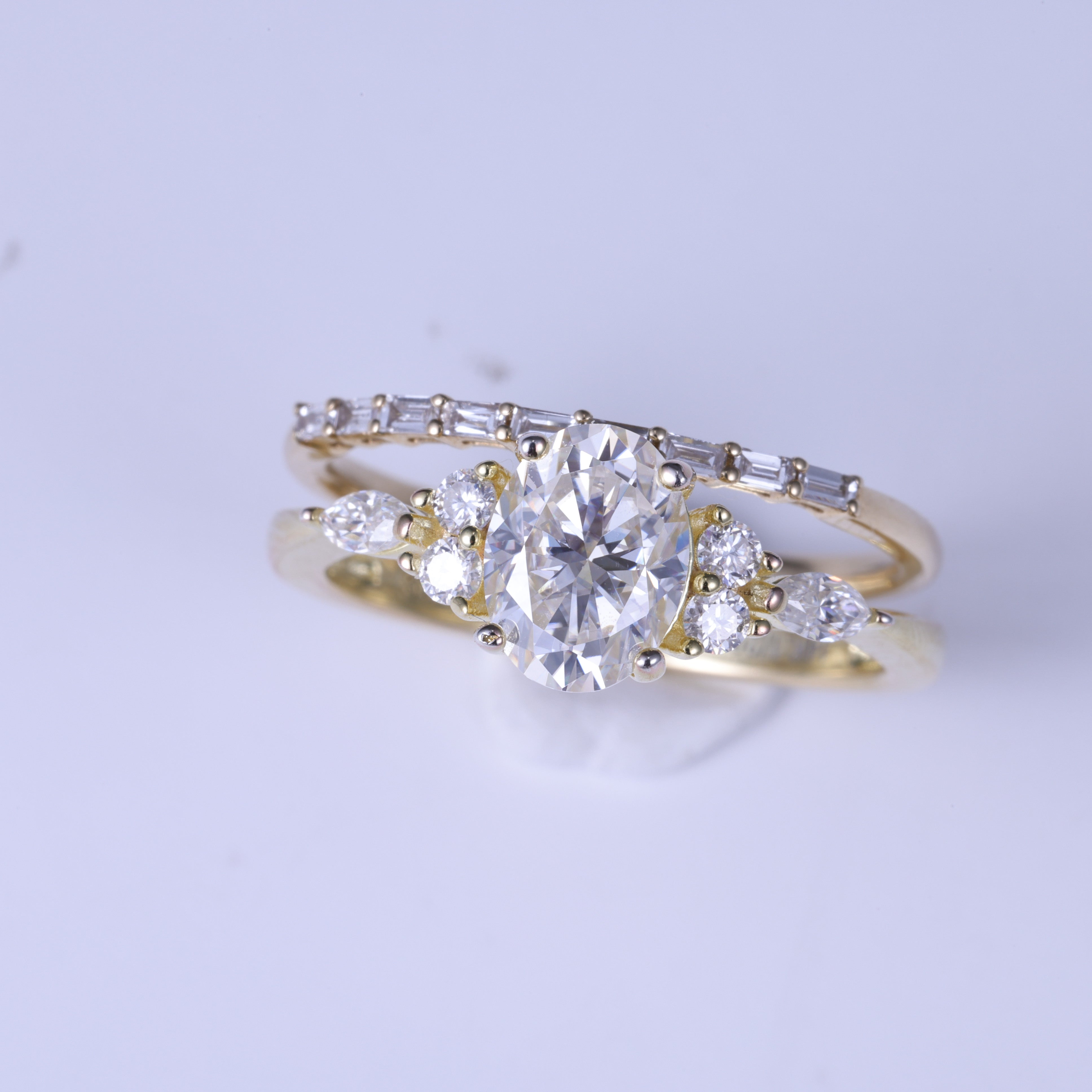 Oval Cut Moissanite With Side Stone Engagement Stack Yellow Gold Ring