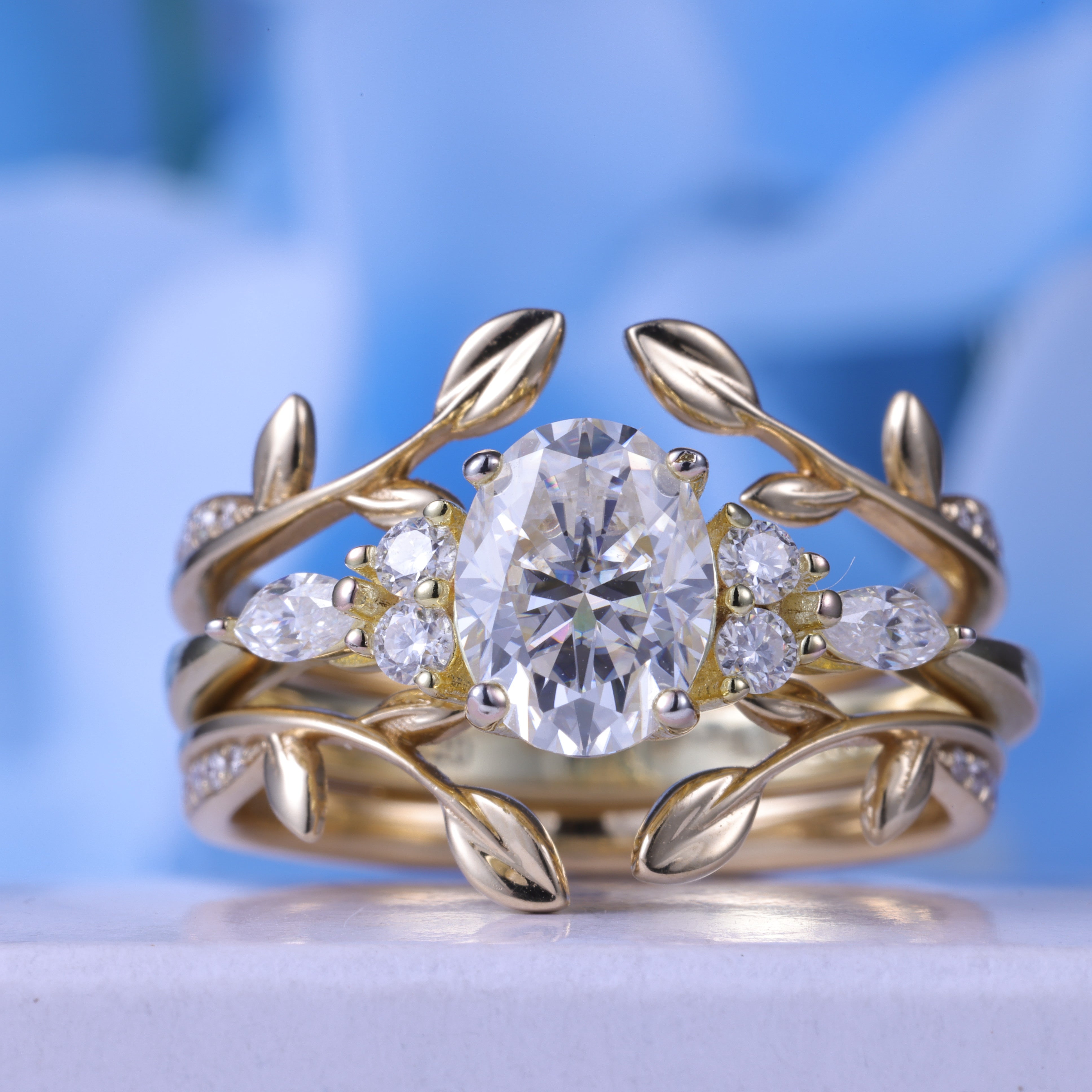 Oval Cut Lab Diamond  Nature Inspired Leaf Engagement Ring Set