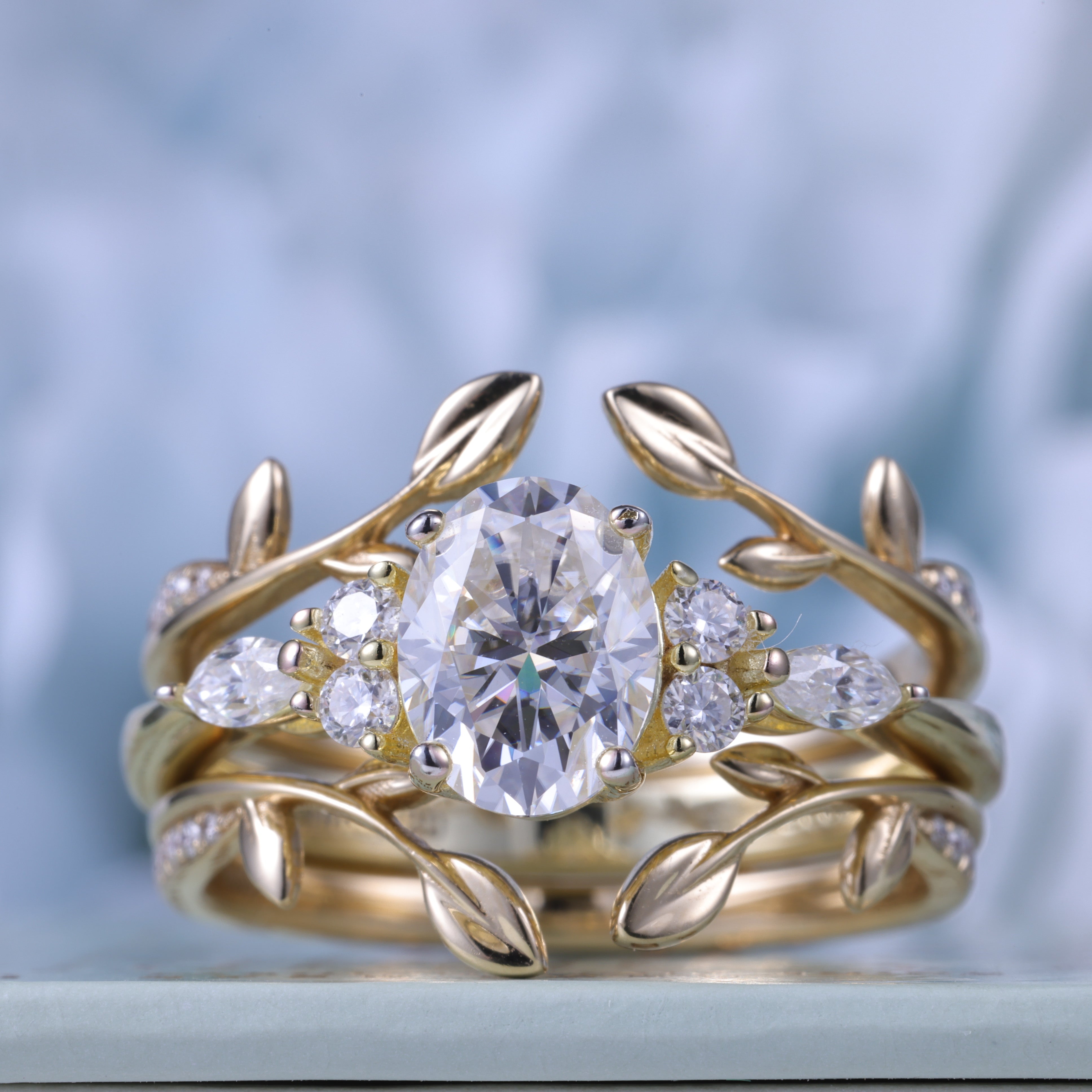 Oval Cut Lab Diamond  Nature Inspired Leaf Engagement Ring Set