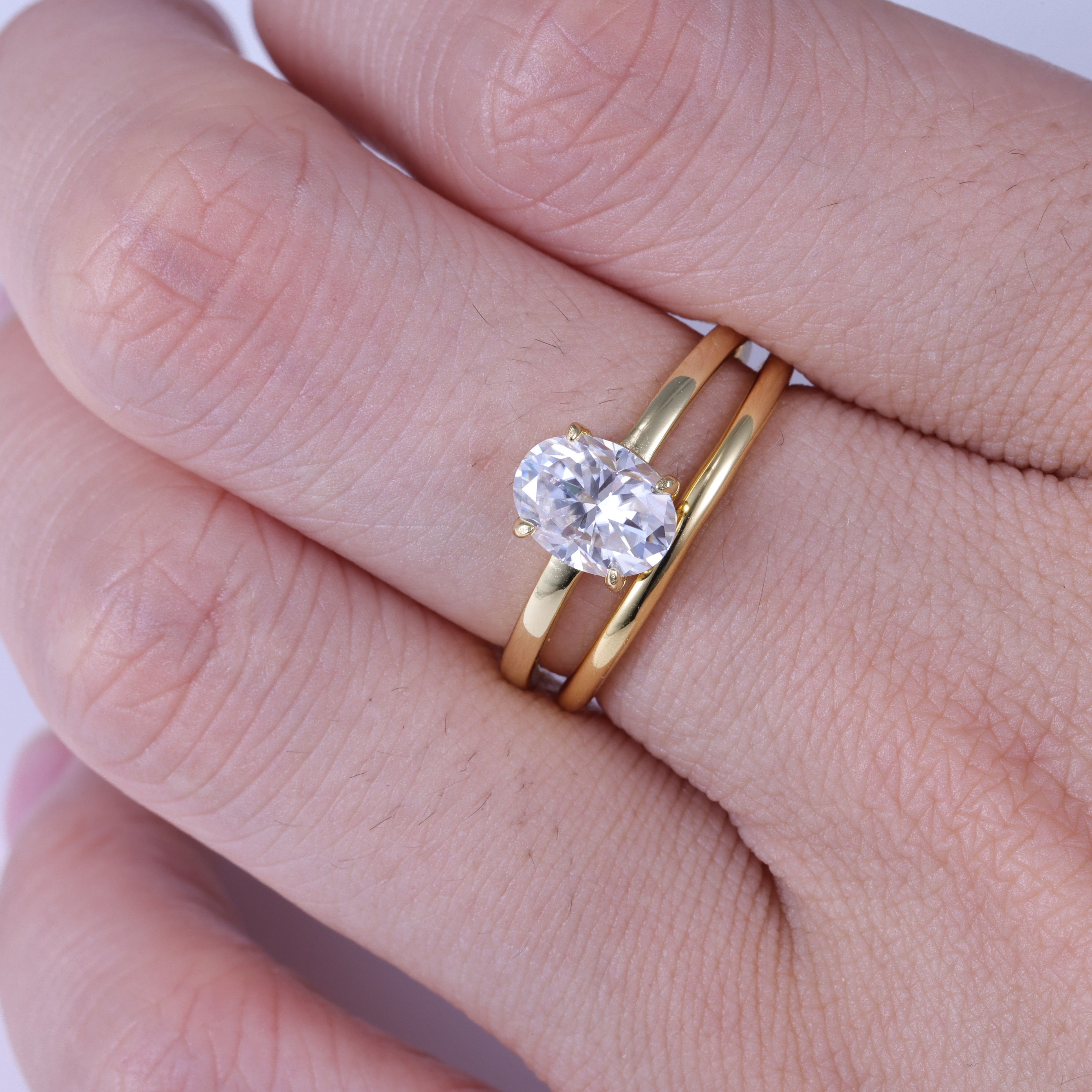 Oval Cut Moissanite Engagement Ring  Set With Plain Yellow Gold Ring
