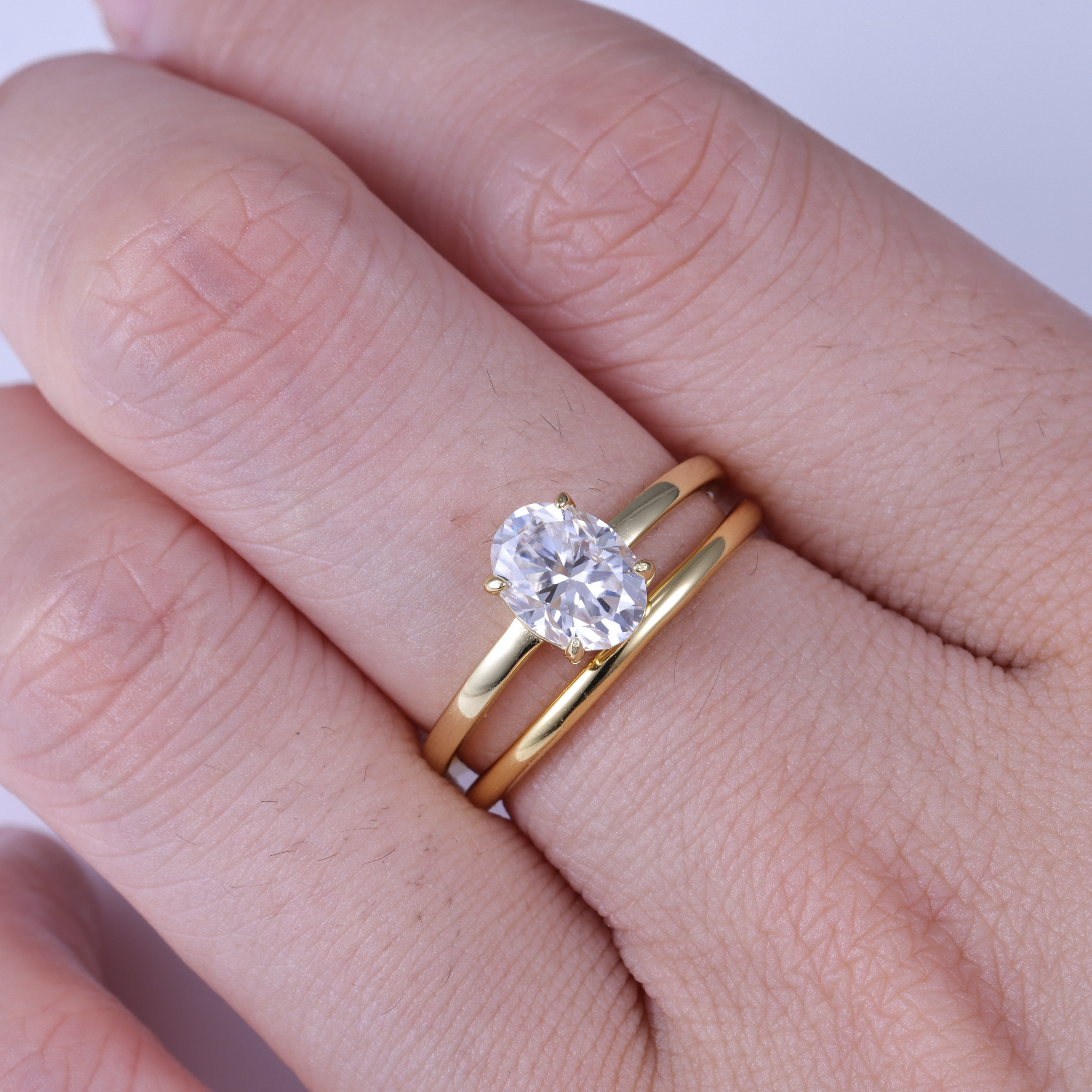 Oval Cut Moissanite Engagement Ring  Set With Plain Yellow Gold Ring