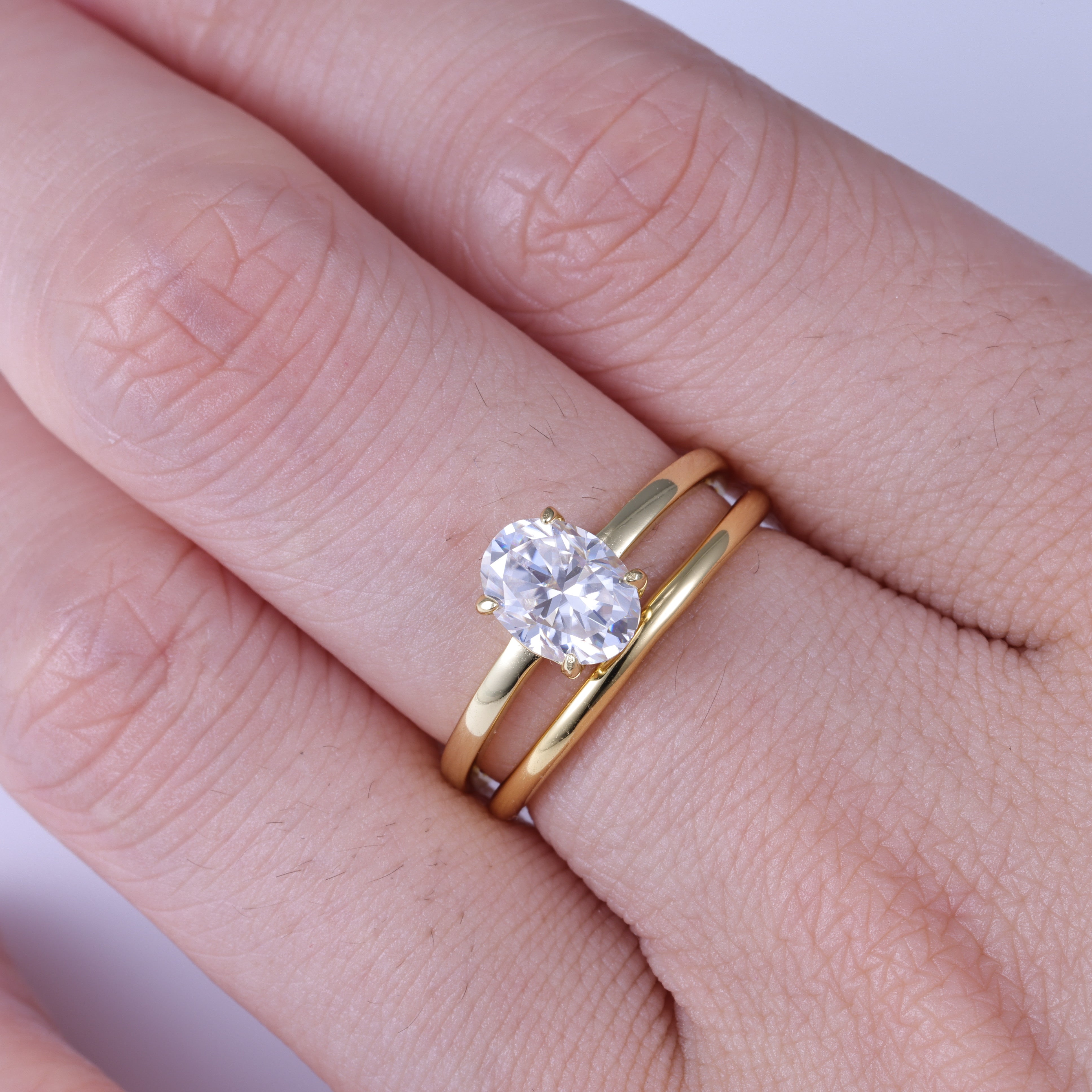 Oval Cut Moissanite Engagement Ring  Set With Plain Yellow Gold Ring