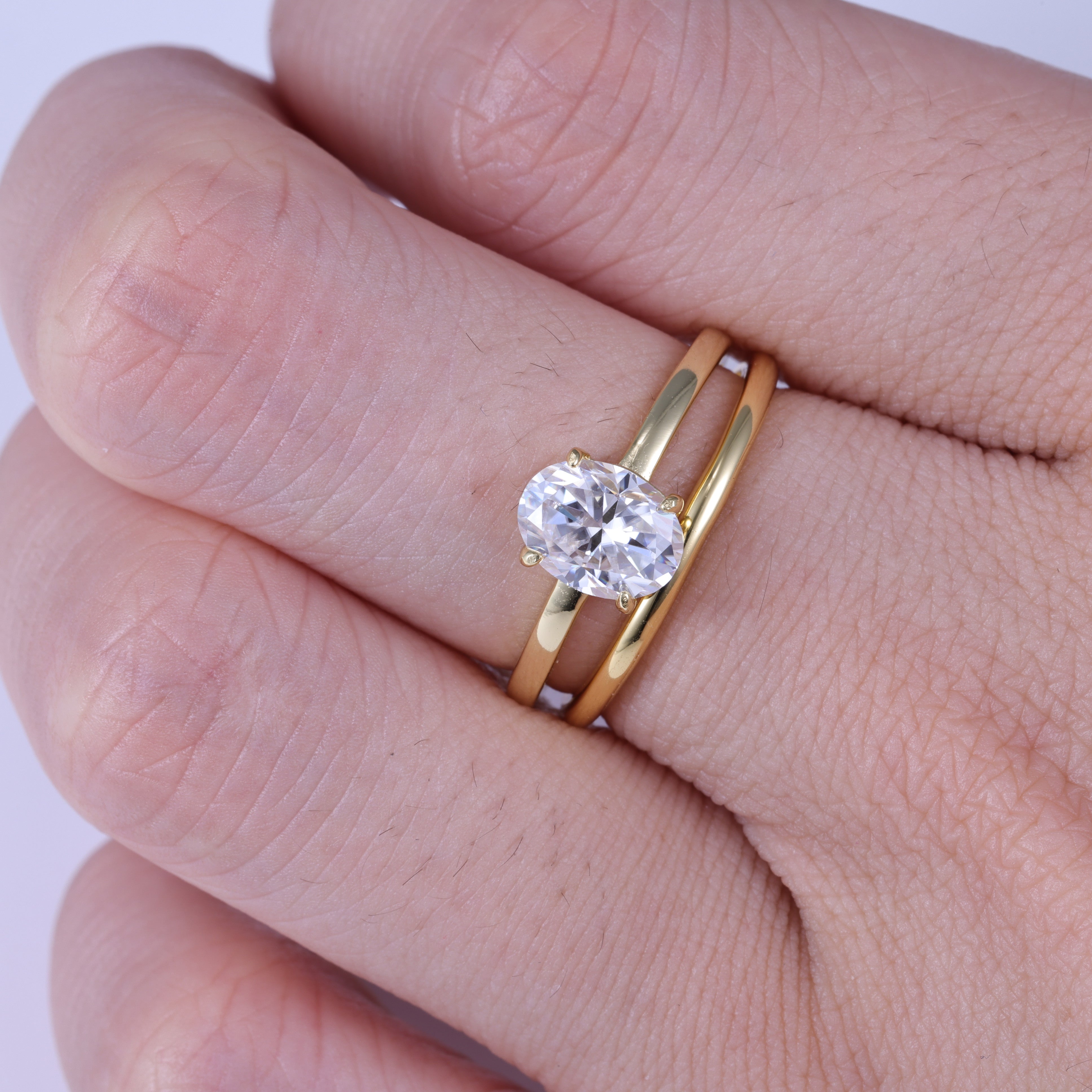Oval Cut Moissanite Engagement Ring  Set With Plain Yellow Gold Ring