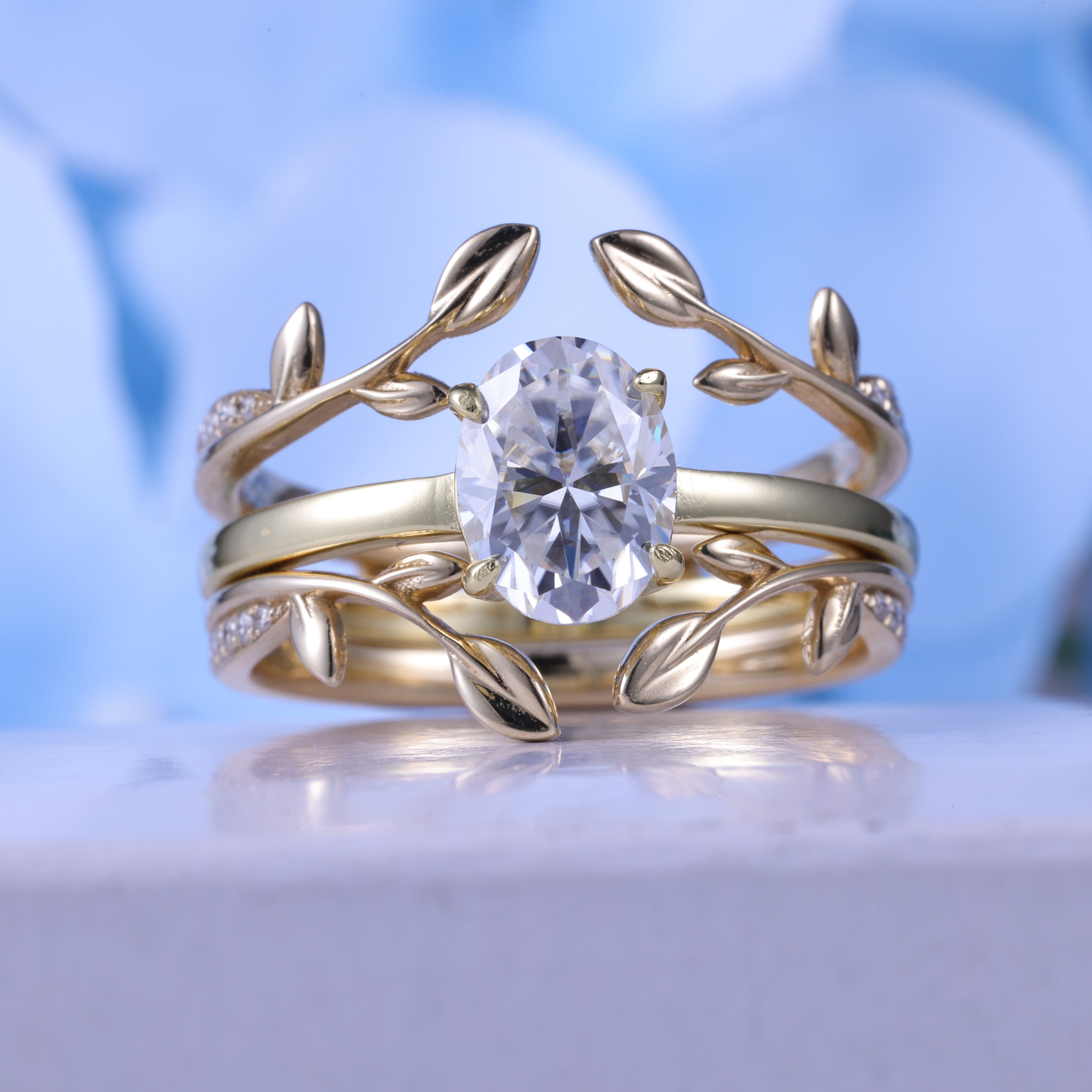 Oval Cut Moissanite Engagement Ring Bridal Set With Enhancer