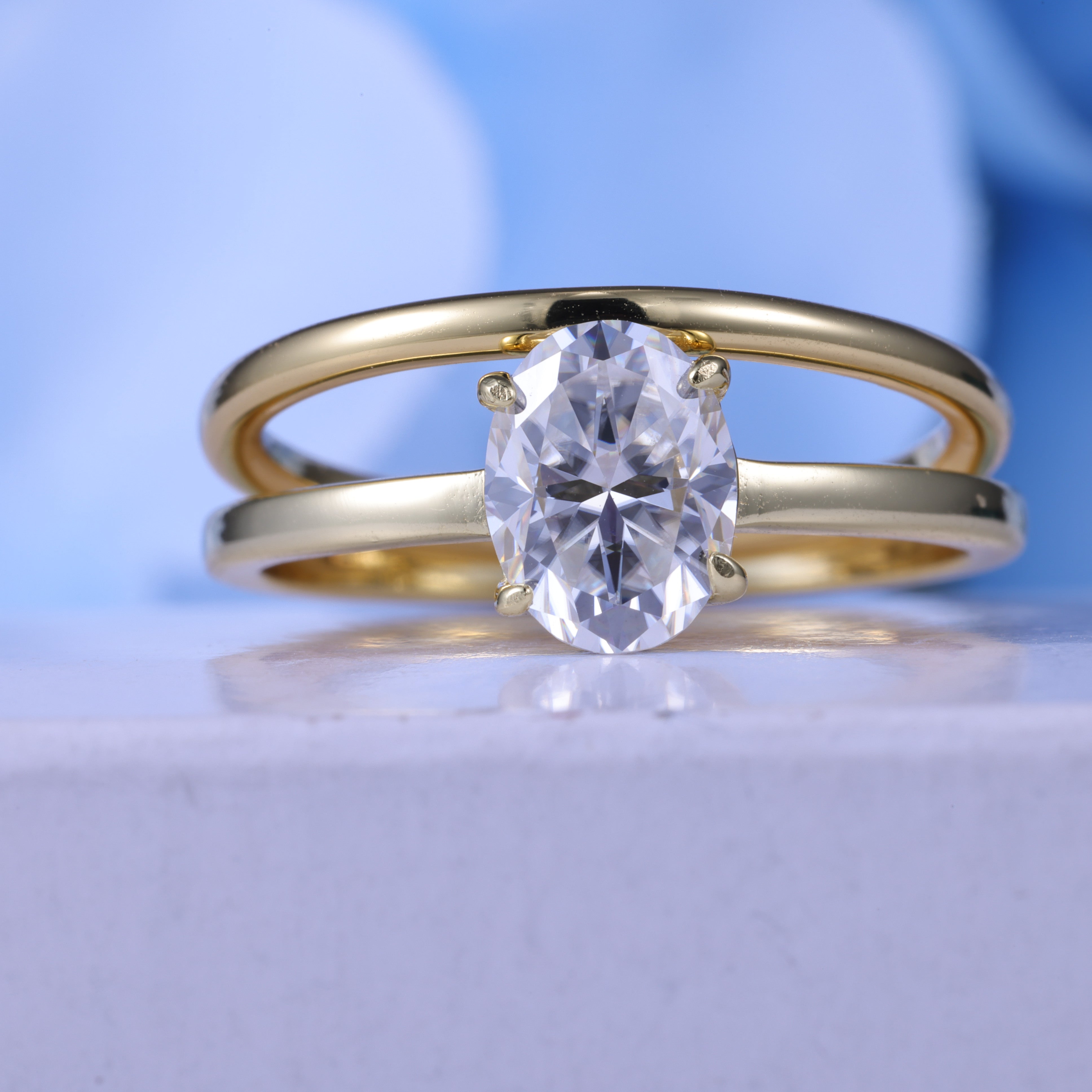 Oval Cut Moissanite Engagement Ring  Set With Plain Yellow Gold Ring