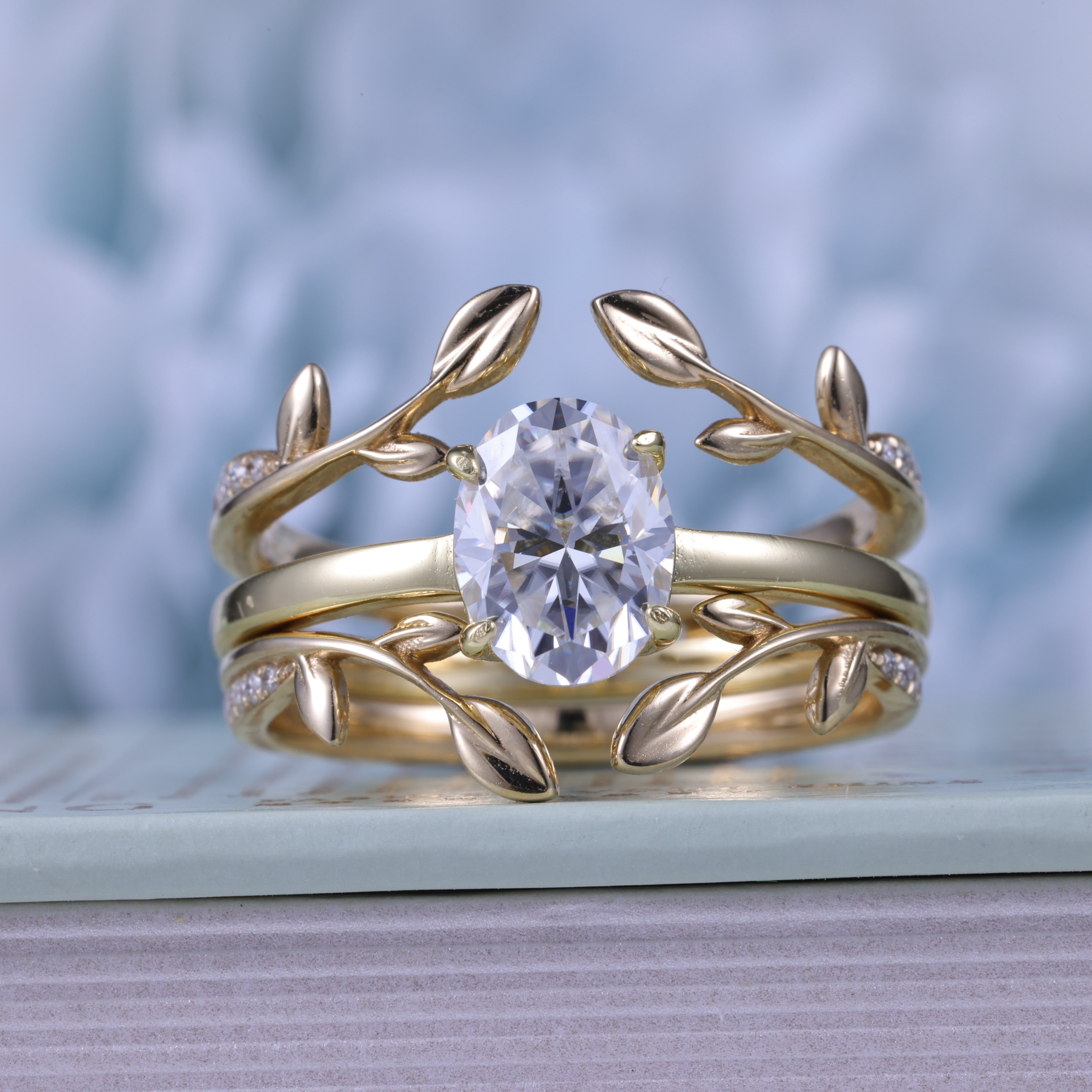 Oval Cut Moissanite Engagement Ring Bridal Set With Enhancer