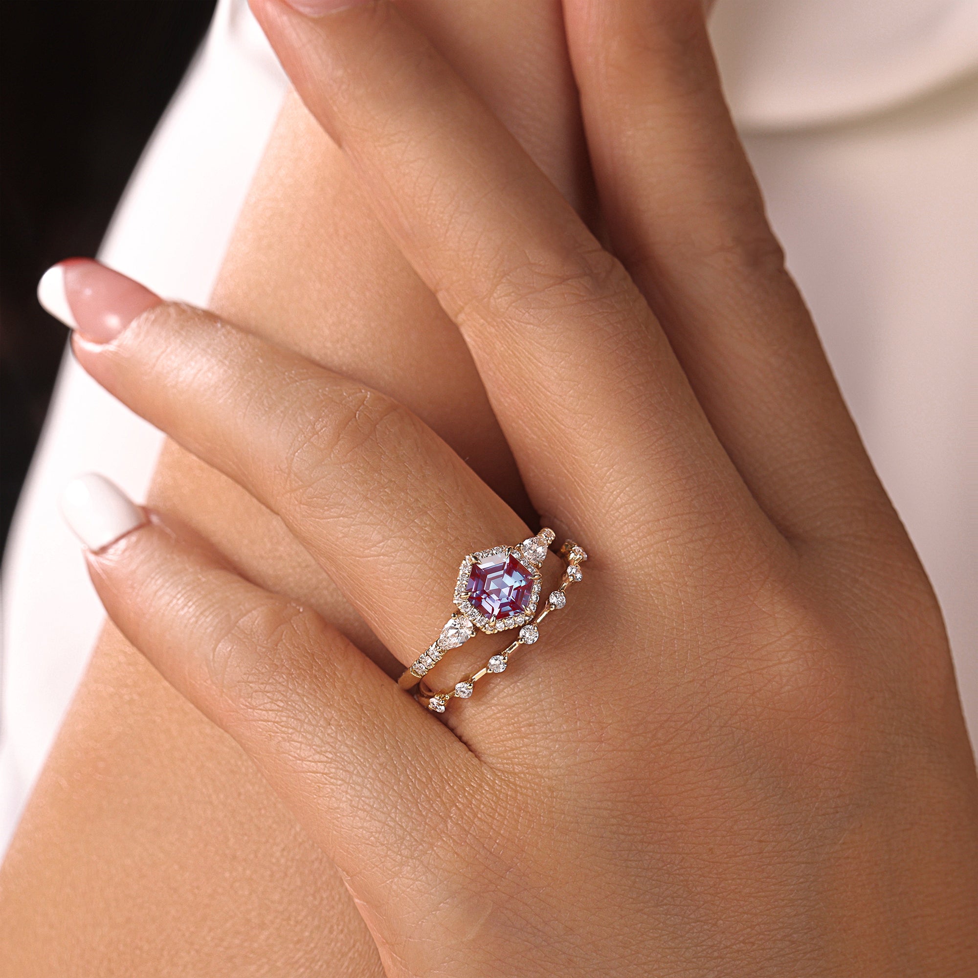 Vintage Hexagon Cut Alexandrite Moissanite Engagement 14K Yellow Gold Halo Ring