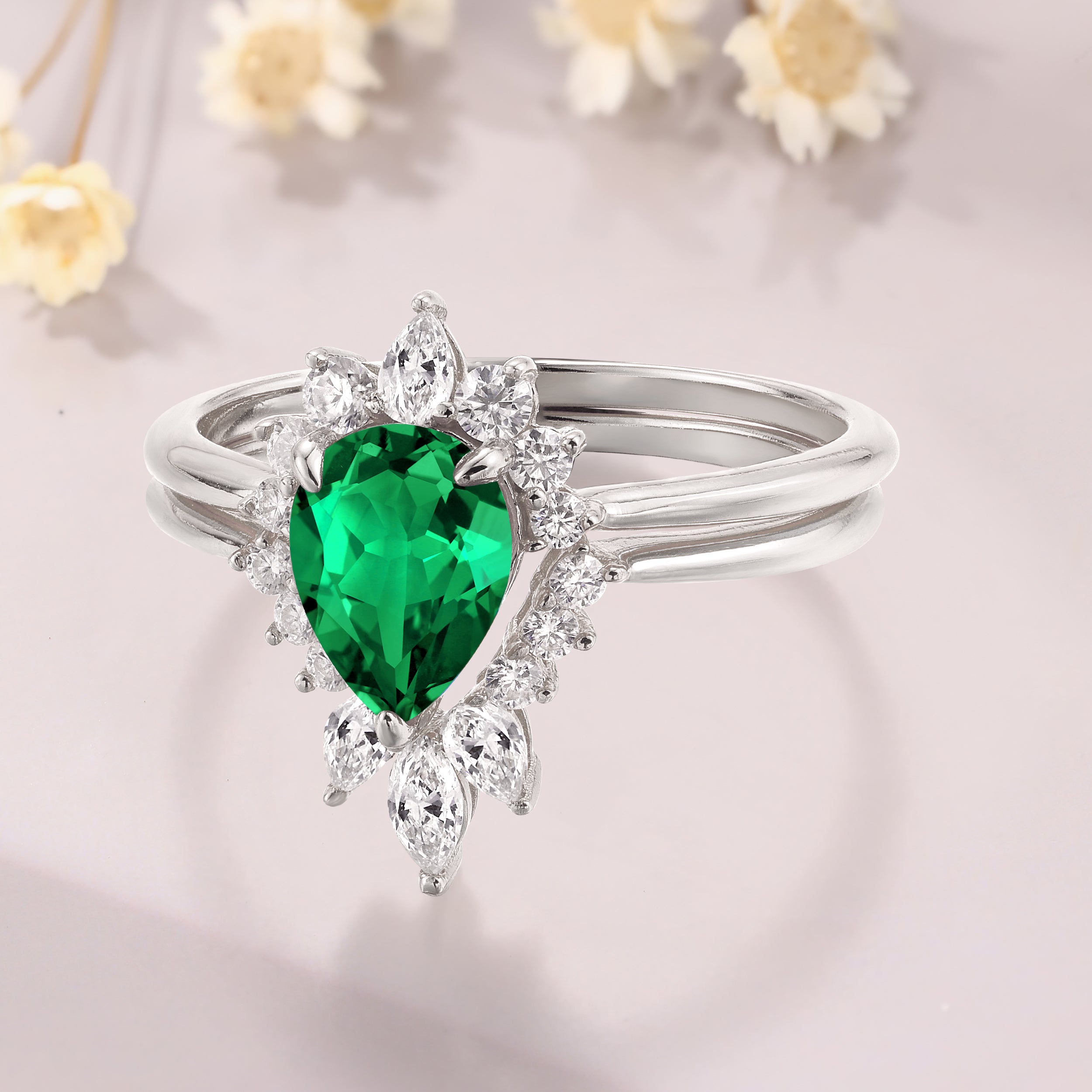 Tsavorite garnet engagement ring set 14K yellow gold marquise moissanite bridal set green gemstone ring gift for women