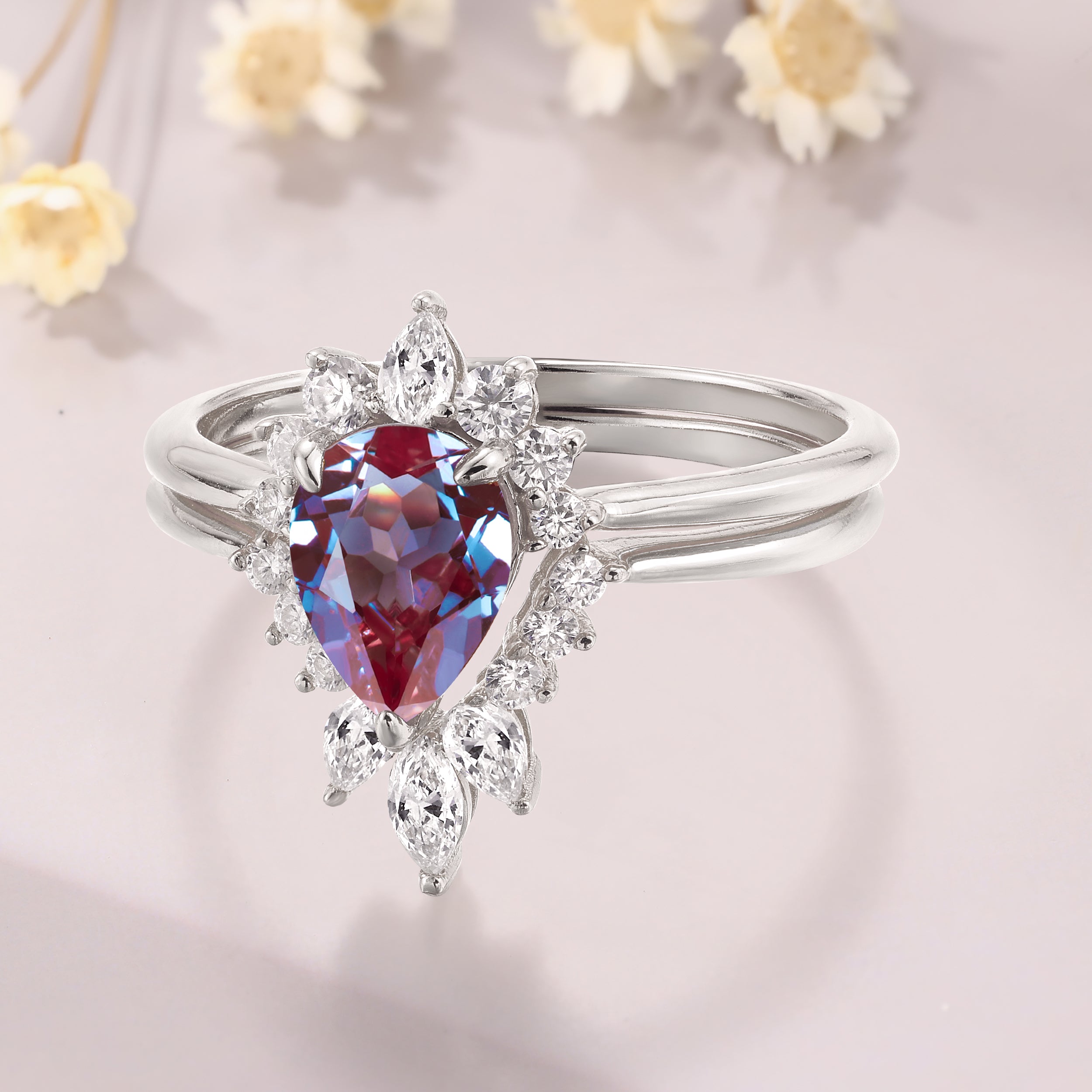 Pear Shaped Alexandrite  Unique Engagement White Gold Bridal Ring