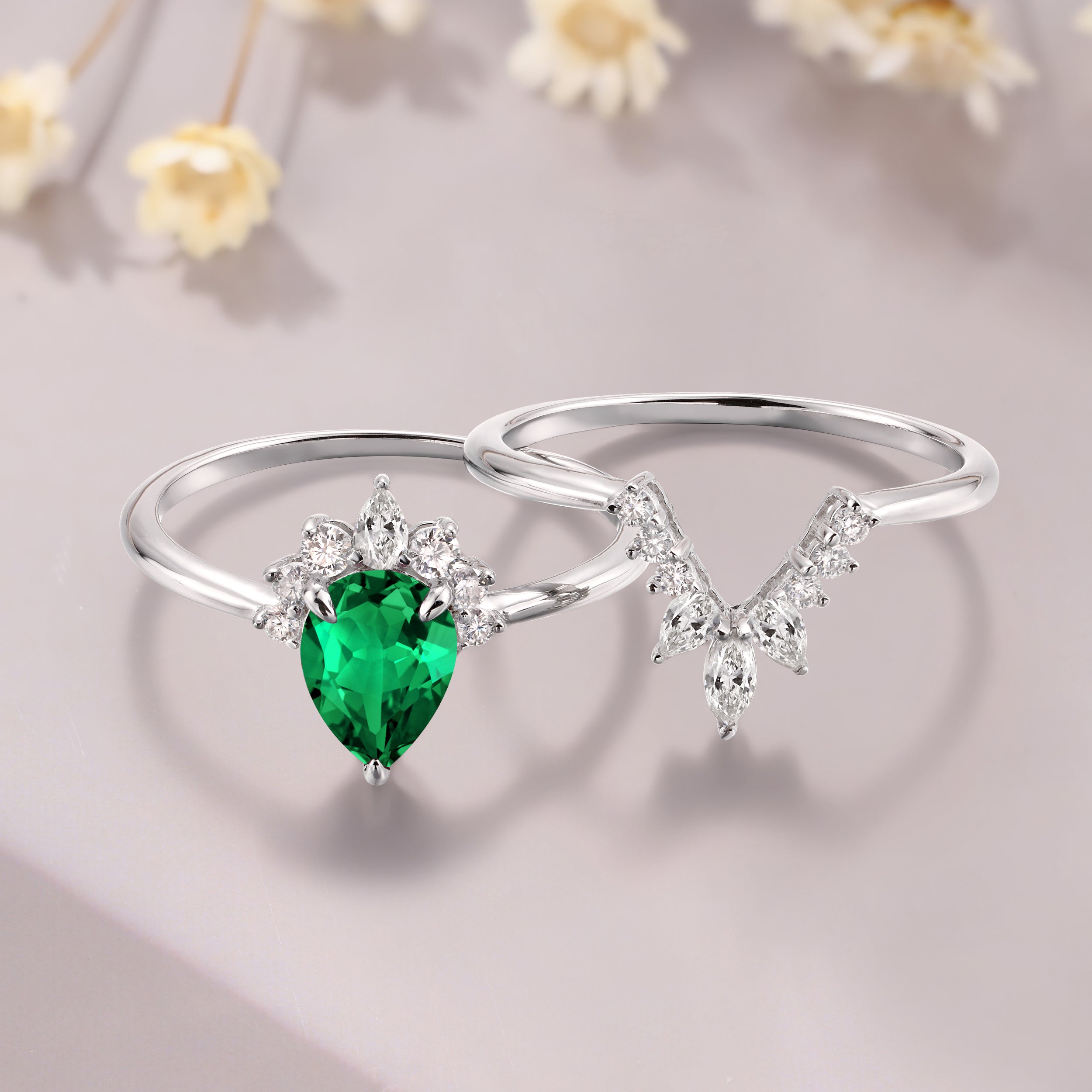 Tsavorite garnet engagement ring set 14K yellow gold marquise moissanite bridal set green gemstone ring gift for women