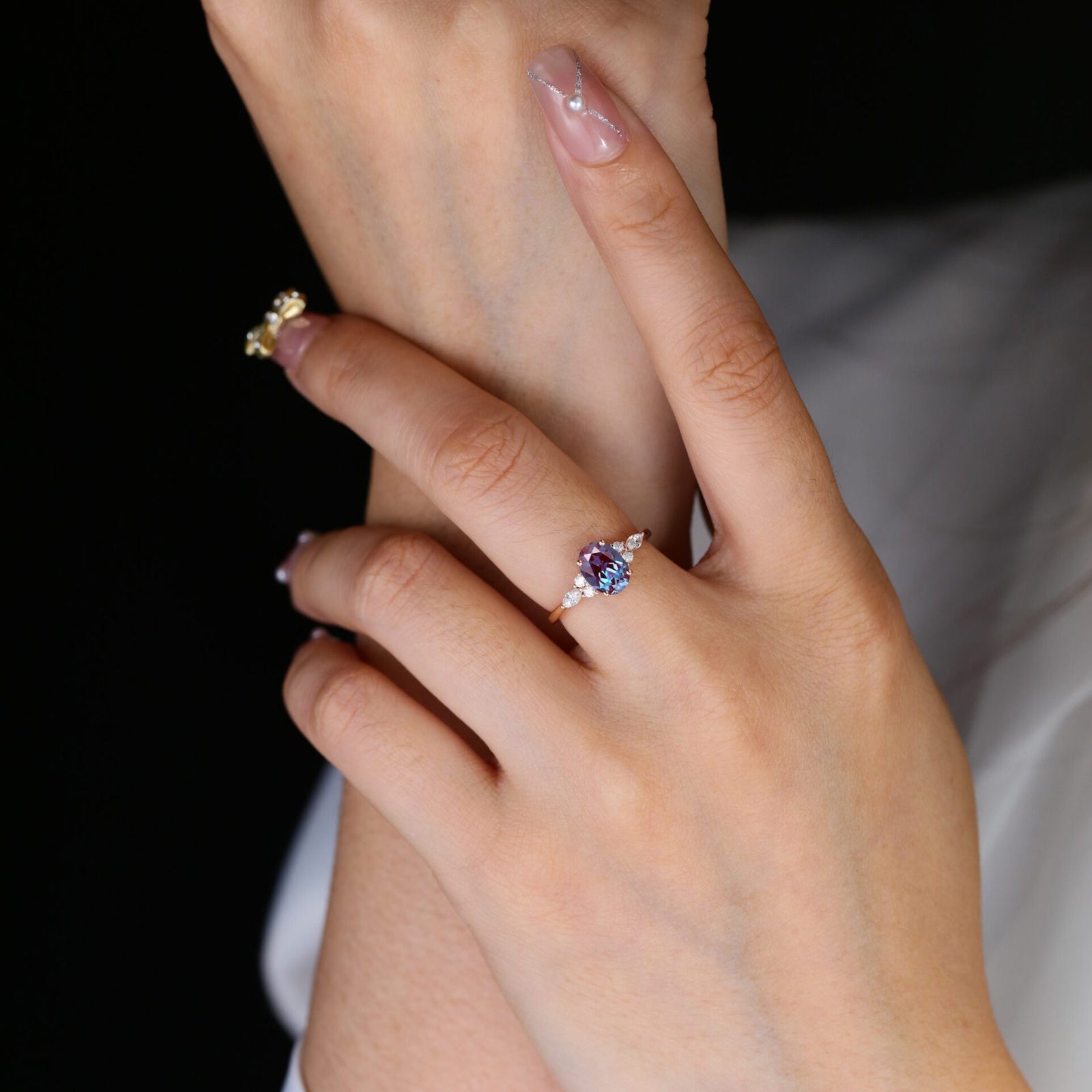 Oval Cut Alexandrite Moissanite 14K White Gold Color Changing Gemtone June Birthstone Ring