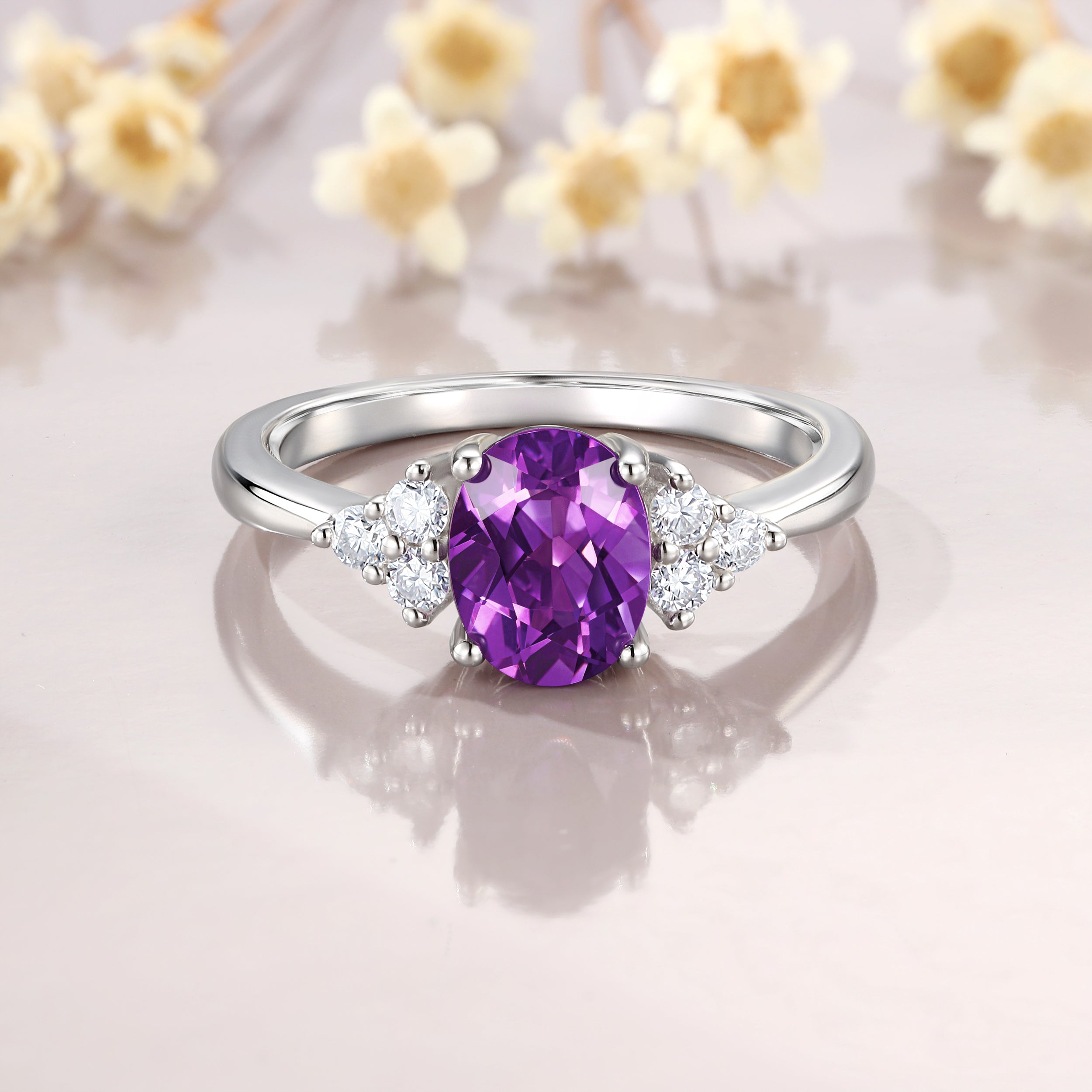 Vintage Oval Cut Amethyst Engagement 14K White Gold Moissanite June Birthstone Ring