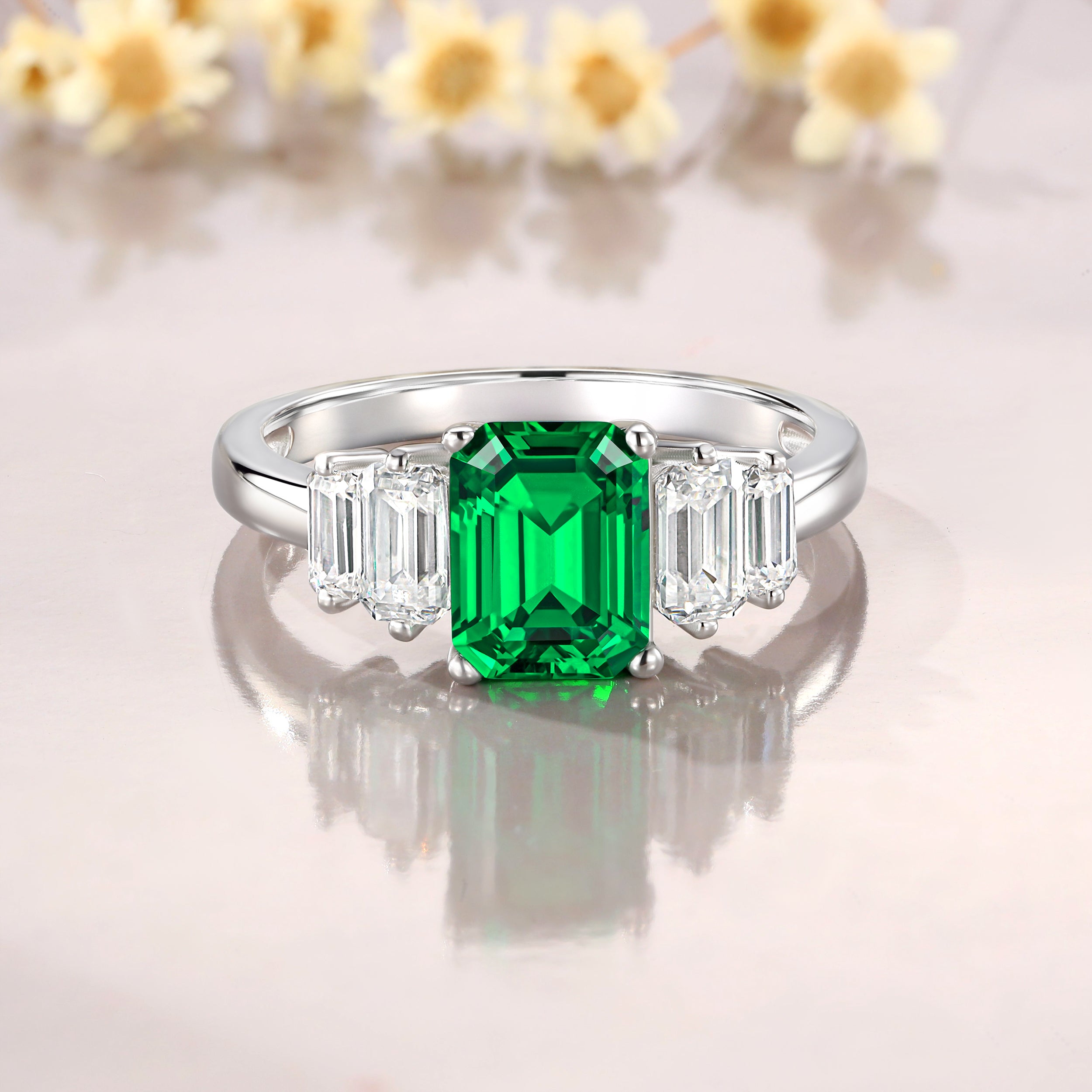 1.5CT Emerald Cut Moissanite Lab Tsavorite Engagement Ring Set Bridal Set